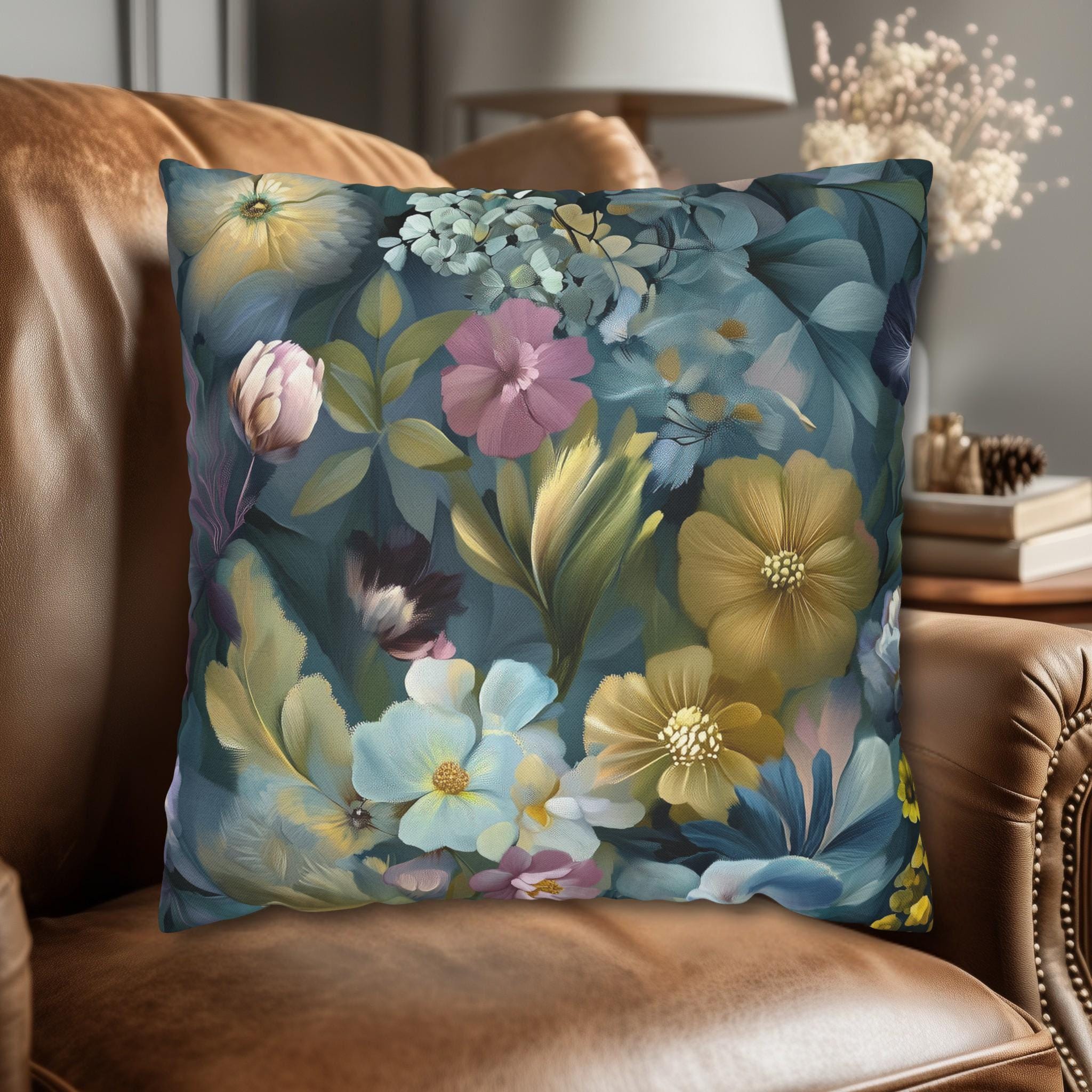 Twilight Garden Floral Pillow Cover: Painterly Moody Botanicals in Dusky Blue