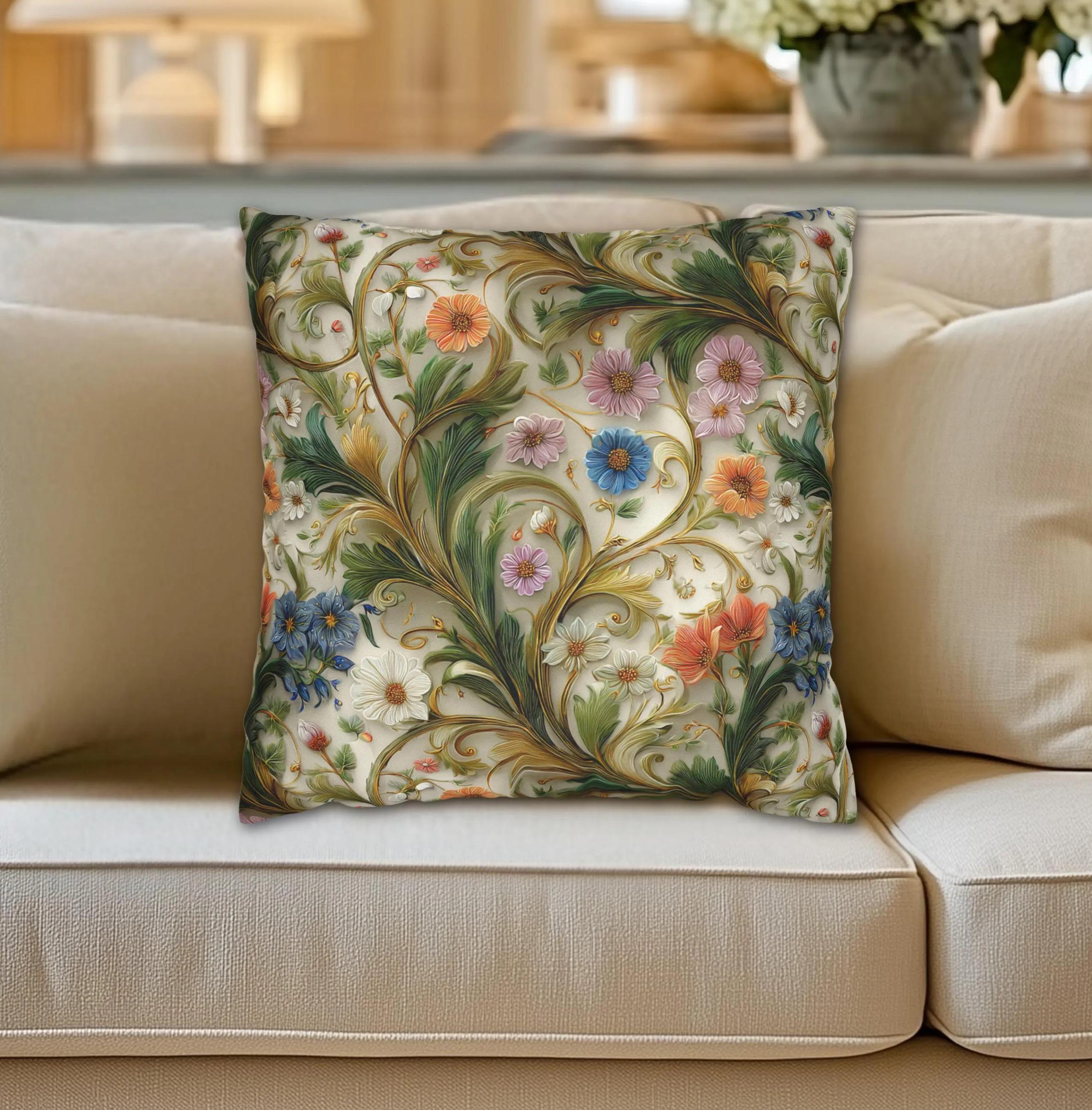 Modern Vintage Botanical Pillow Cover: Stylized Nature Floral Decor