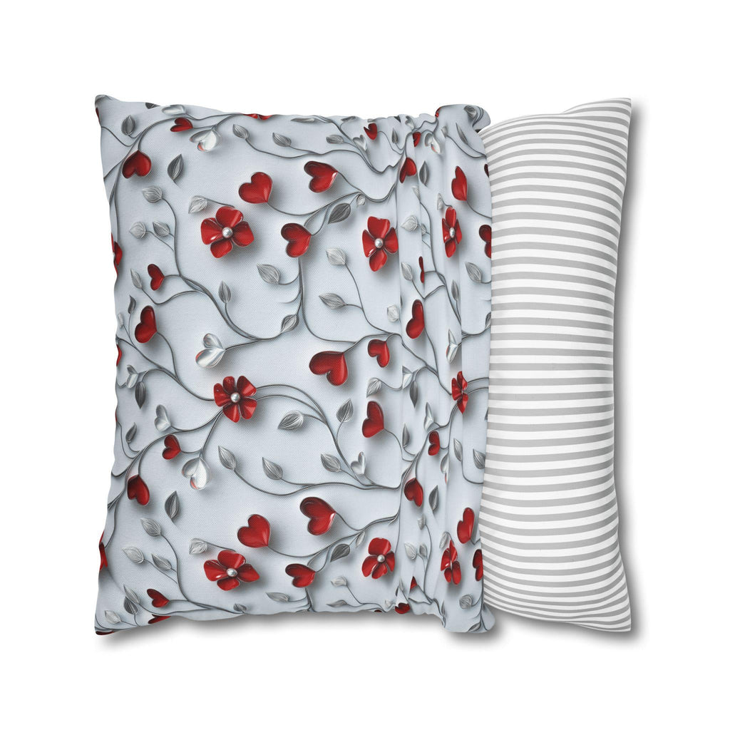 Red Floral Heart Pillow Cover: Romantic Silver Vine Design