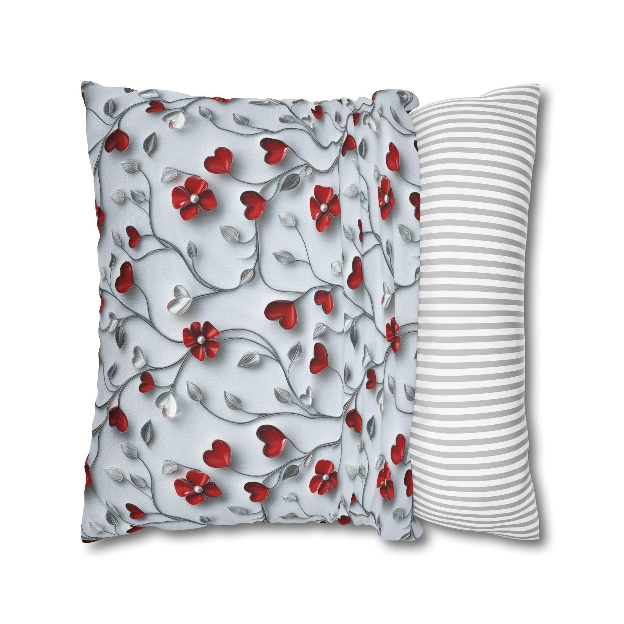 Red Floral Heart Pillow Cover: Romantic Silver Vine Design