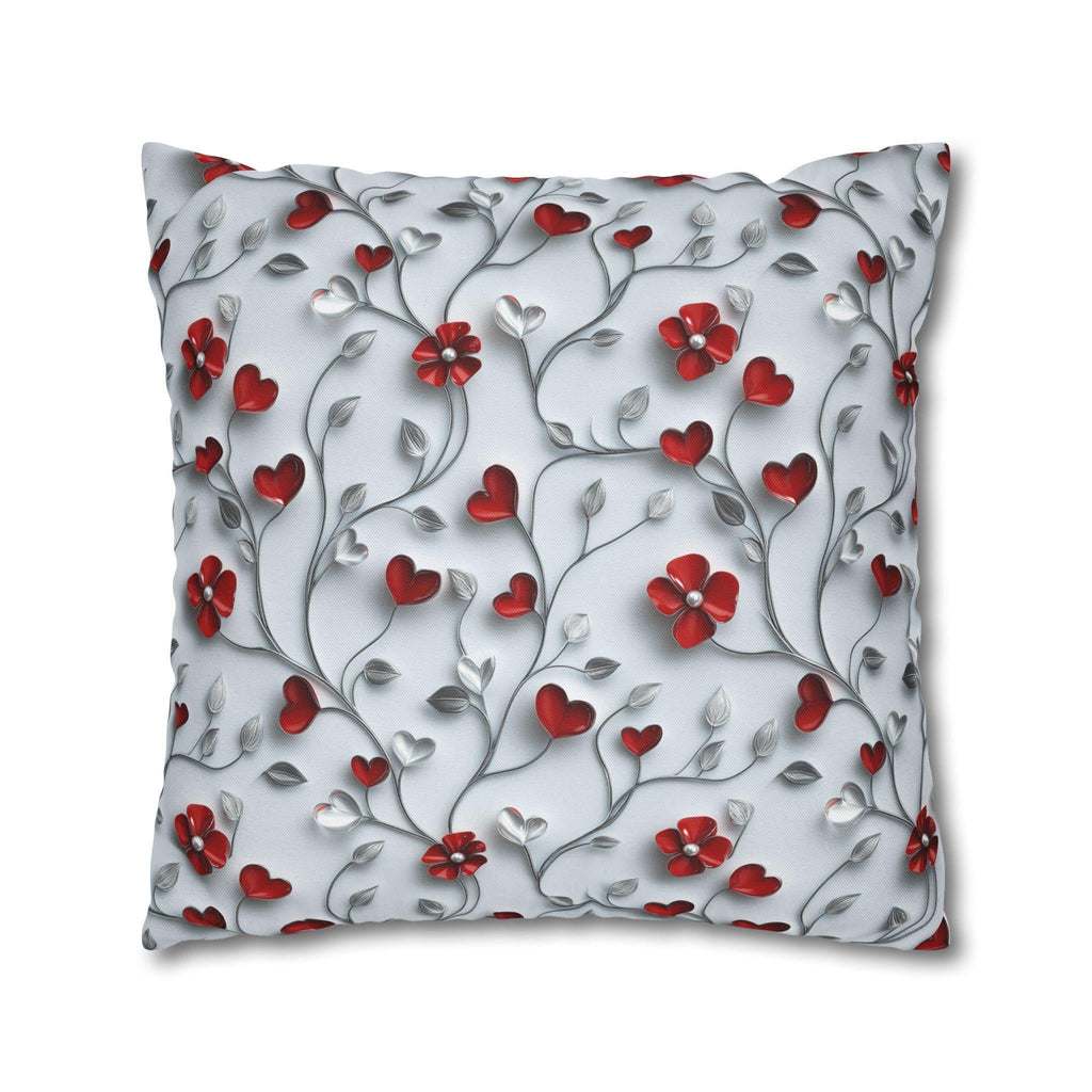 Red Floral Heart Pillow Cover: Romantic Silver Vine Design