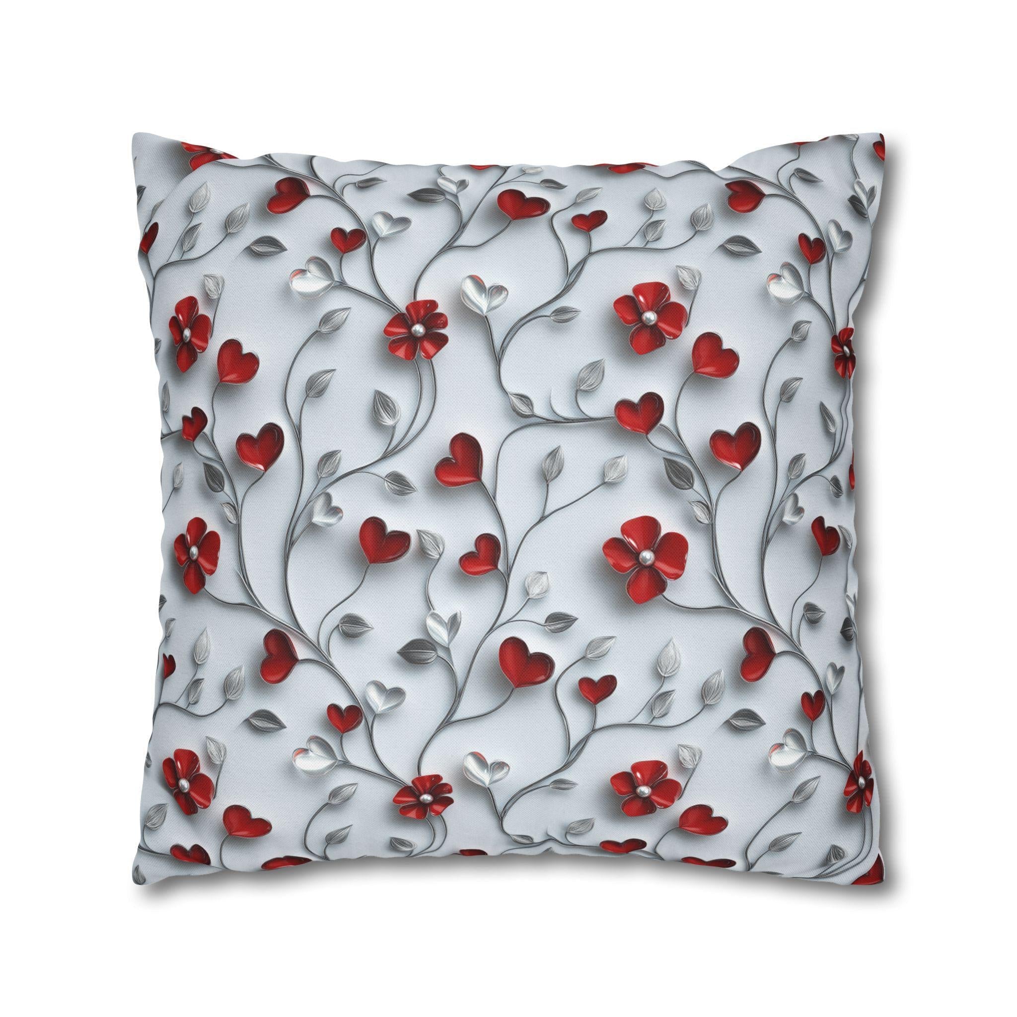 Red Floral Heart Pillow Cover: Romantic Silver Vine Design