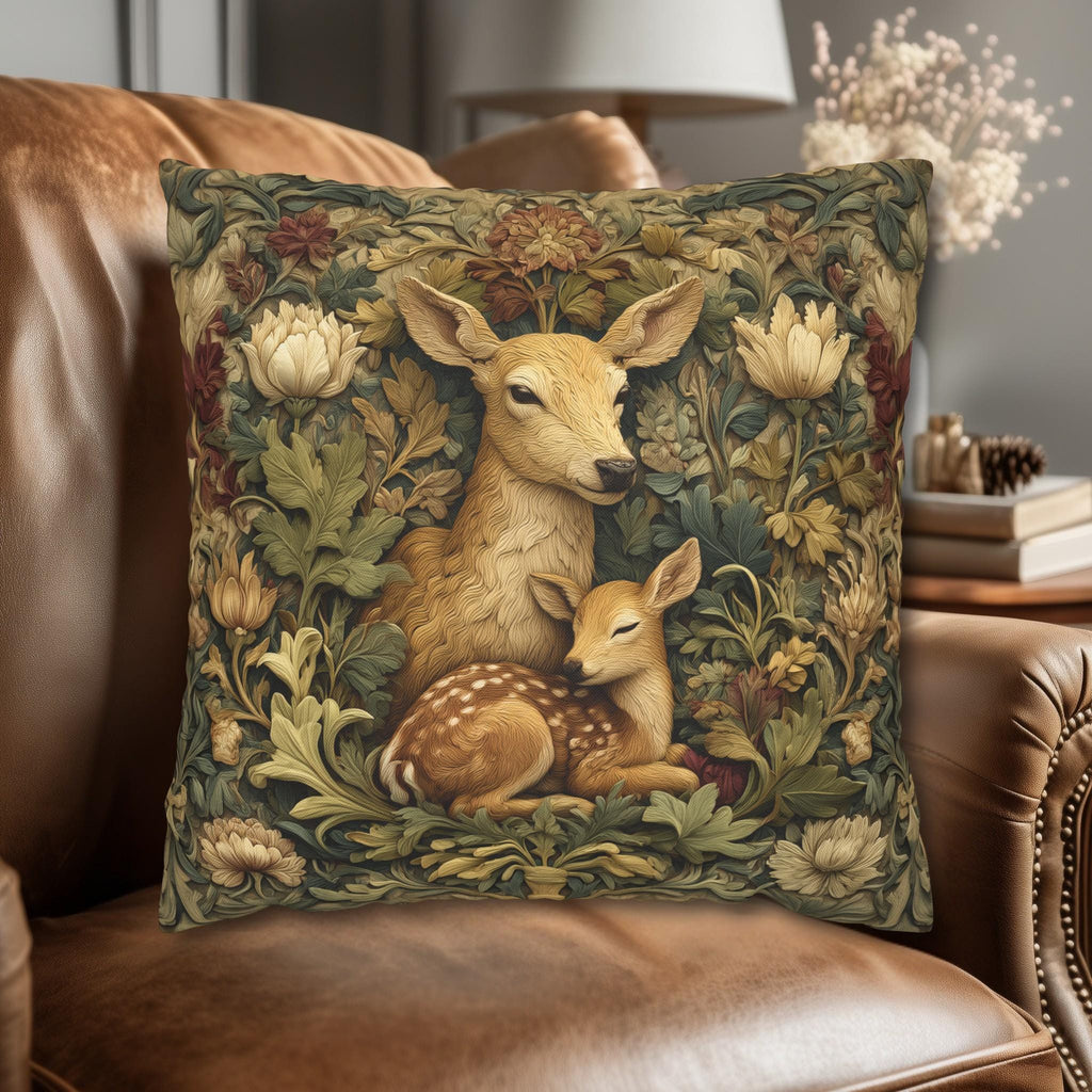 William Morris Inspired Pillow Cover:   Woodland Botanical Doe and Fawn