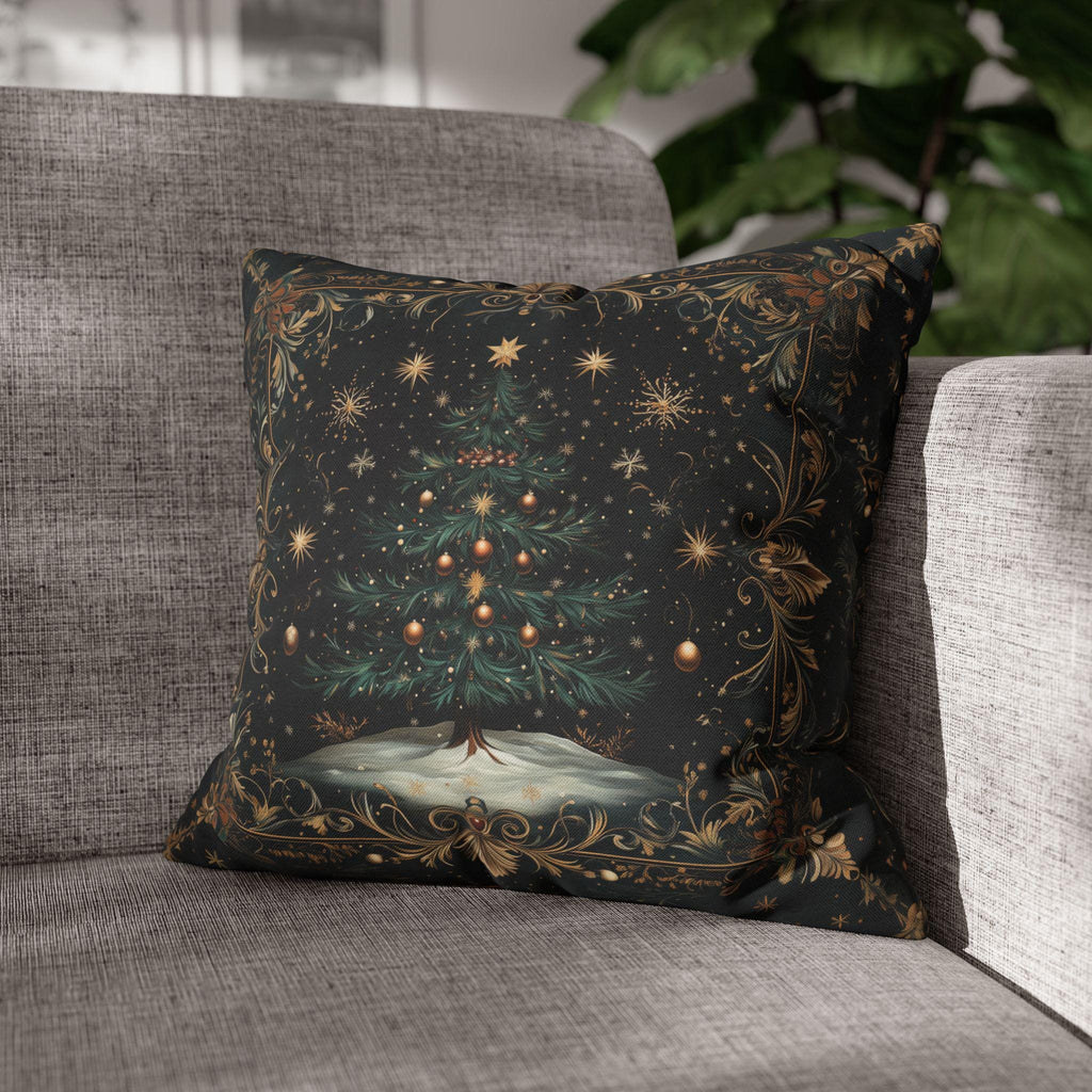 Victorian Christmas Tree Pillow Cover: Gold Filigree & Midnight Black Holiday Decor