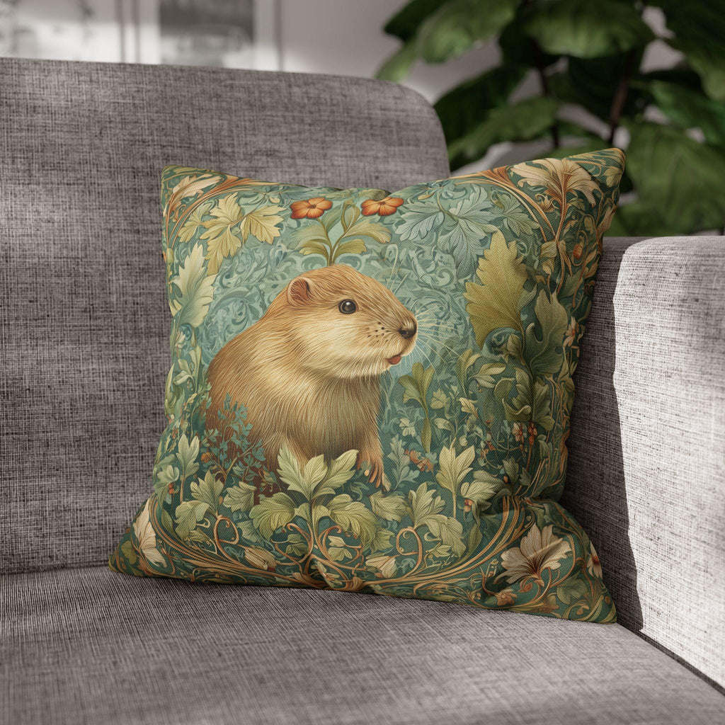 William Morris Inspired Beaver Pillow Cover: Woodland Cushion with Botanical Frame and Earthy Design