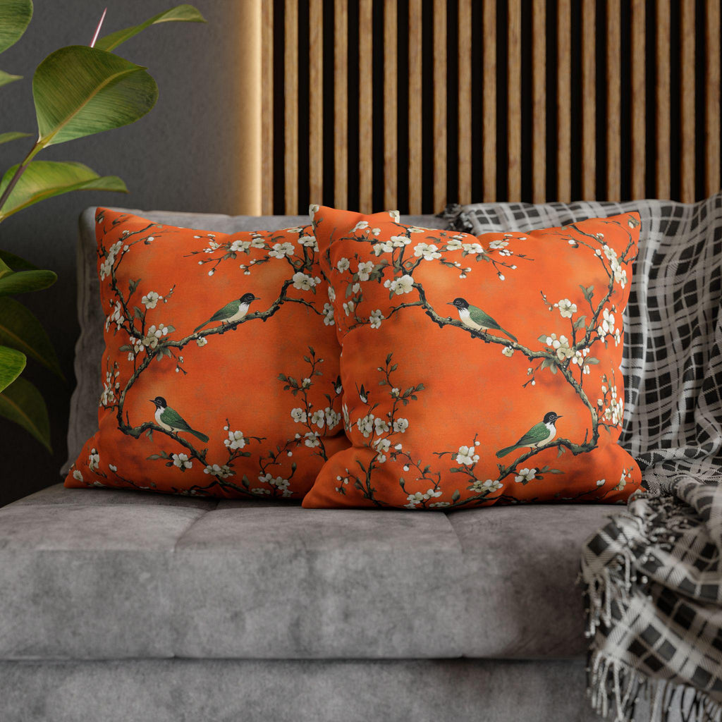 Elegant Chinoiserie Pillow Cover: Burnt Orange with White Blossoms and Birds for Asian-Inspired Decor