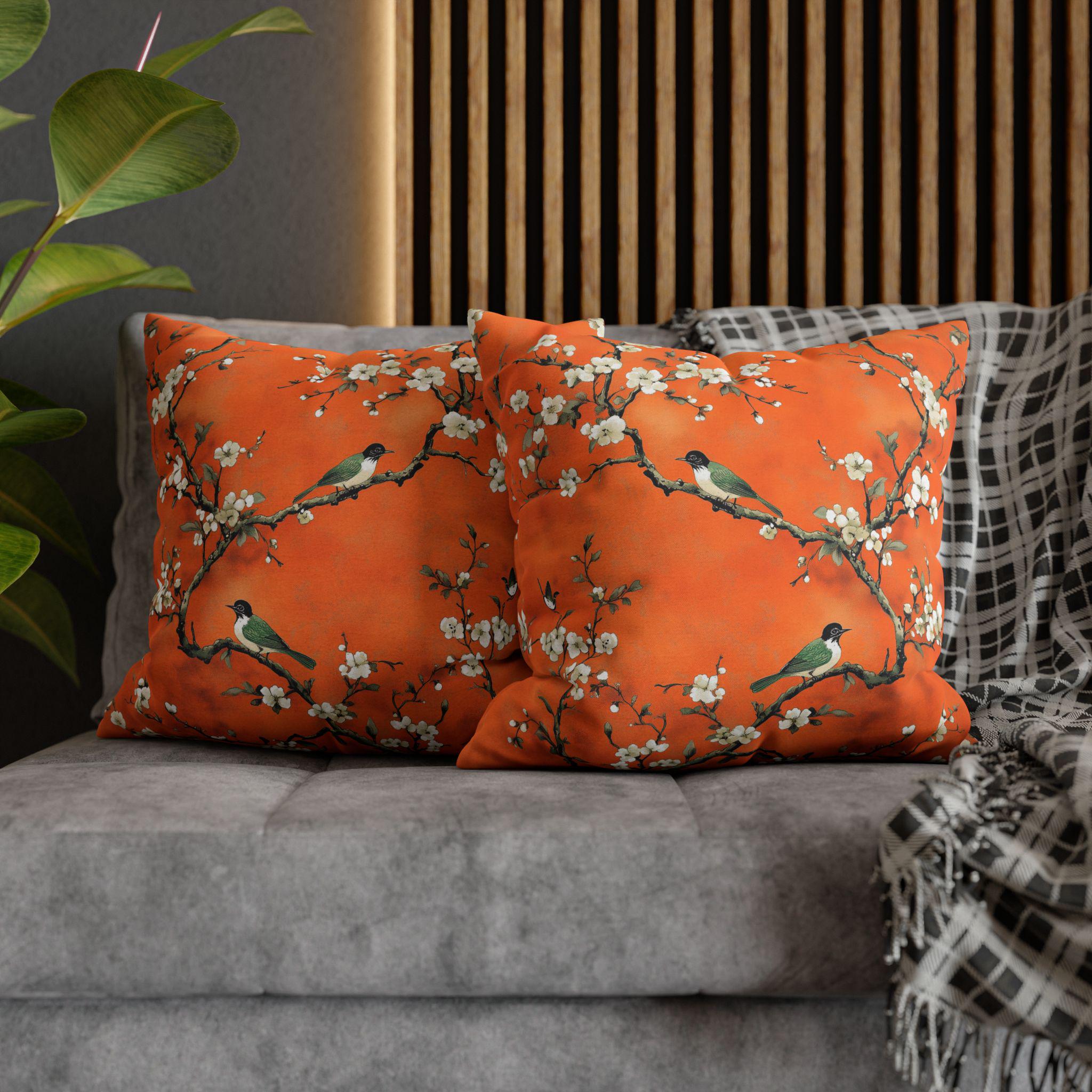 Elegant Chinoiserie Pillow Cover: Burnt Orange with White Blossoms and Birds for Asian-Inspired Decor
