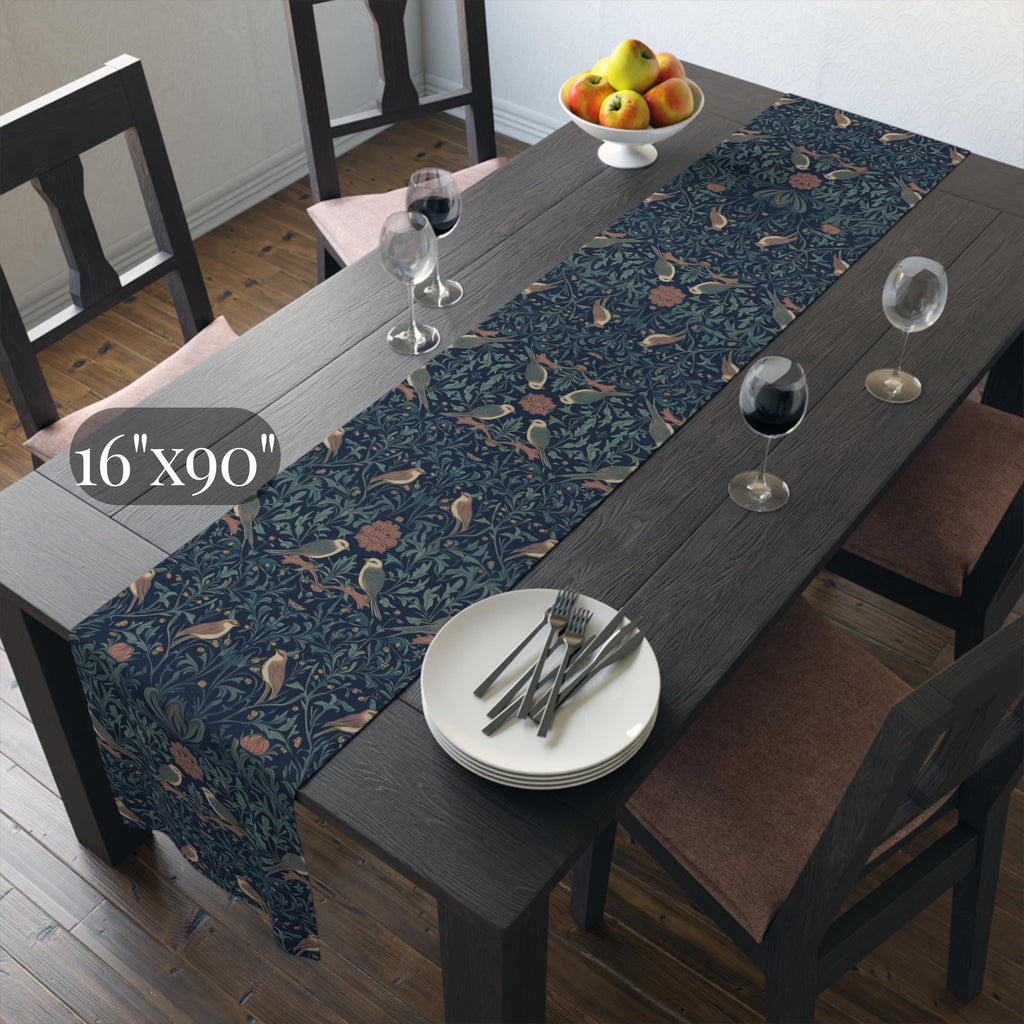 Midnight Songbirds Table Runner: William Morris Birds Pattern Revival