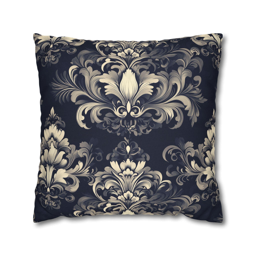 Damask Inspired Pillow Cover, Opulent Floral Scroll Motif, Luxury Ivory & Blue Square Pillowcase