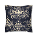 Damask Inspired Pillow Cover, Opulent Floral Scroll Motif, Luxury Ivory & Blue Square Pillowcase