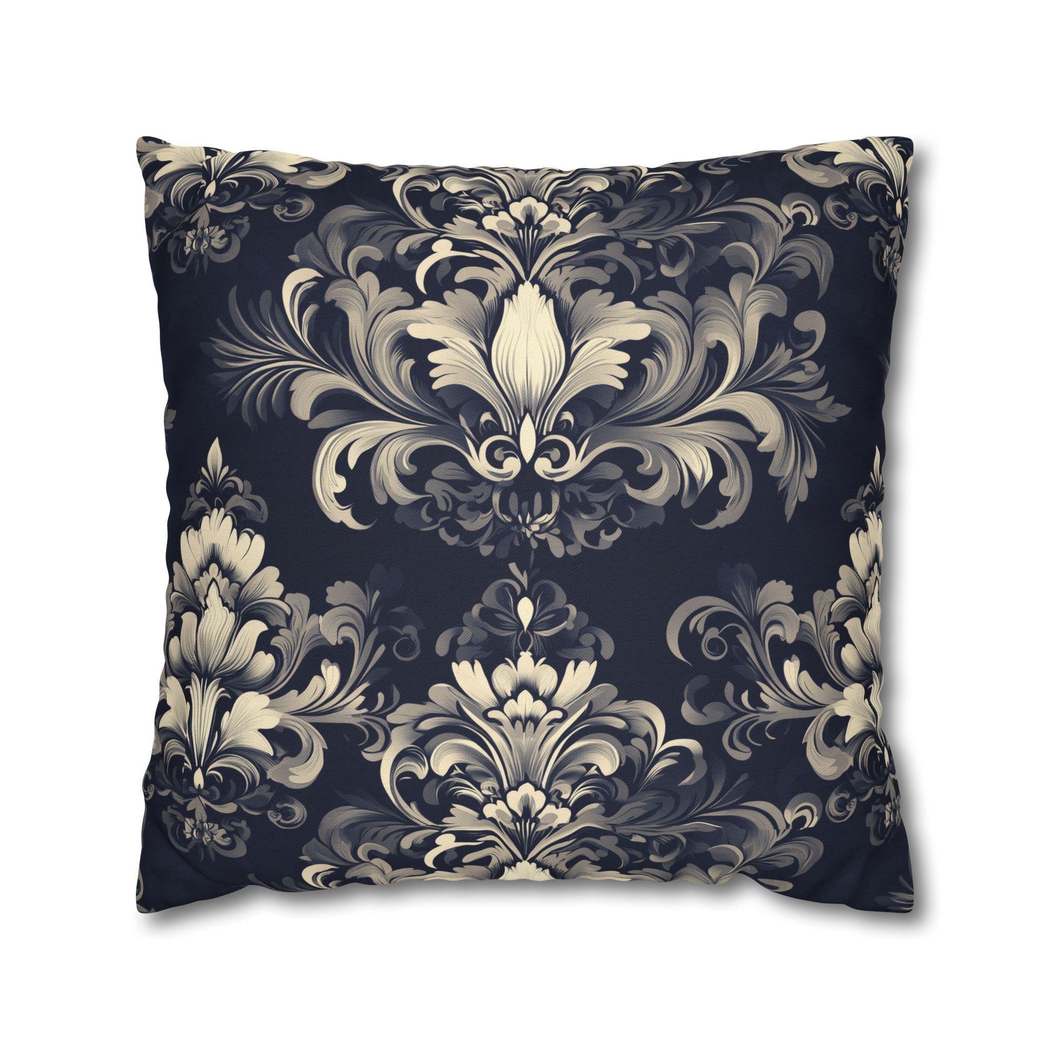 Damask Inspired Pillow Cover, Opulent Floral Scroll Motif, Luxury Ivory & Blue Square Pillowcase