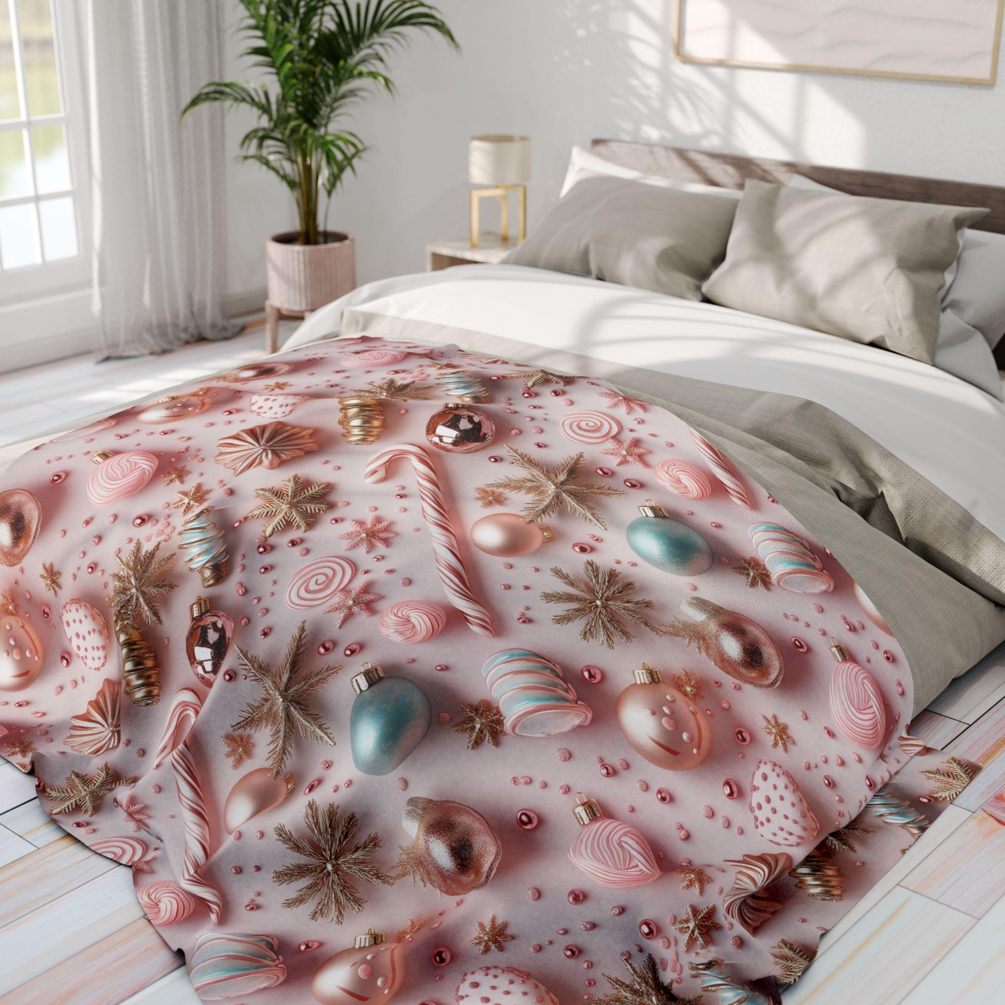 Candycore Soft Fleece Blanket, Pastel Pink, Minty Blue Whimsical Christmas Holiday Decor