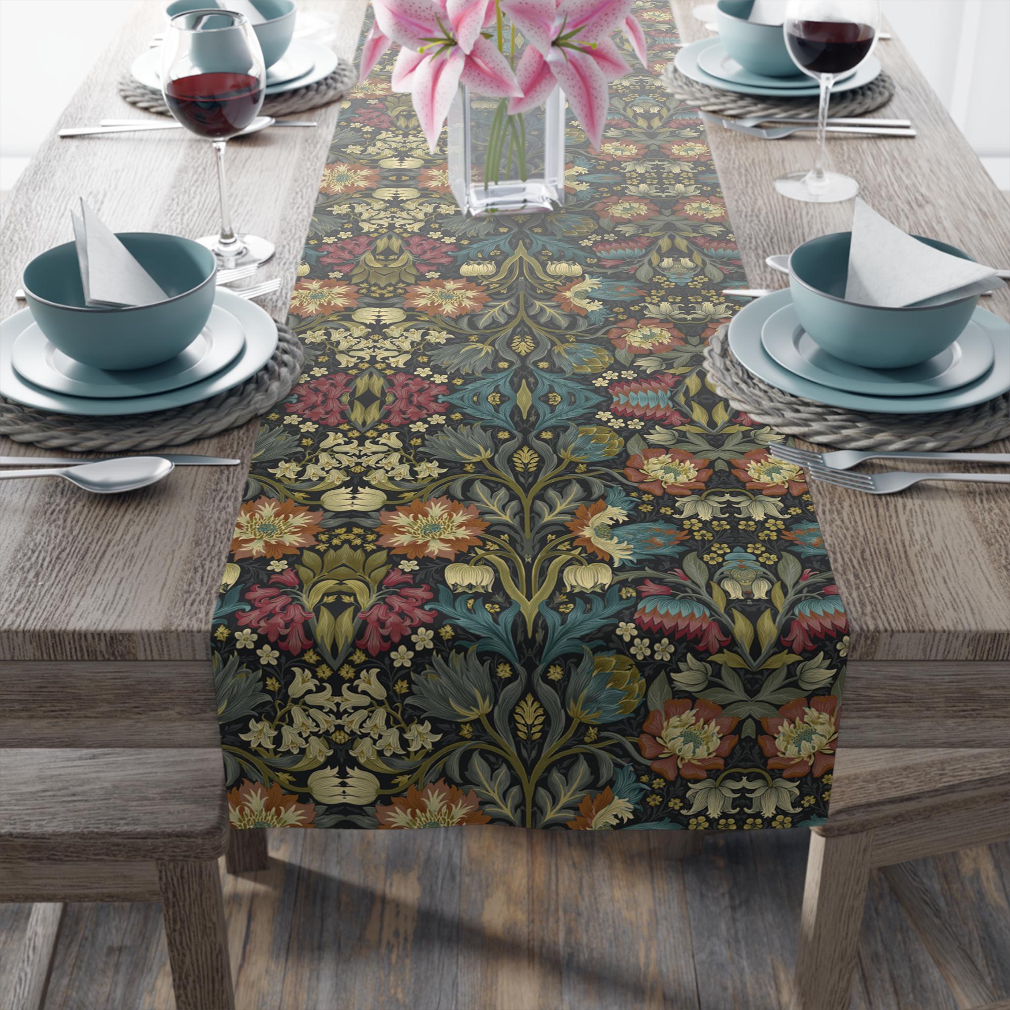 William Morris Inspired Table Runner: Midnight Navy Botanical Design