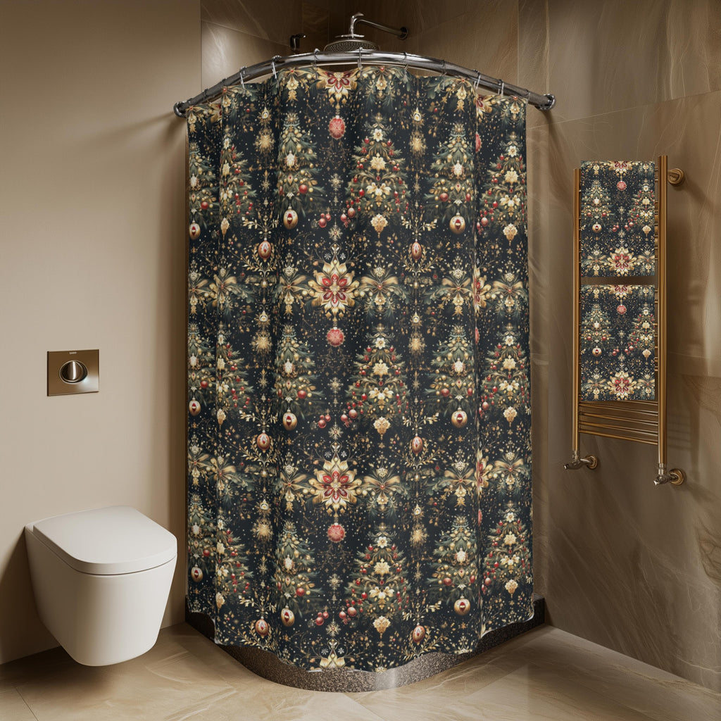 Luxe Christmas Tree Fabric Shower Curtain: Gold, Red & Green Holiday Decor