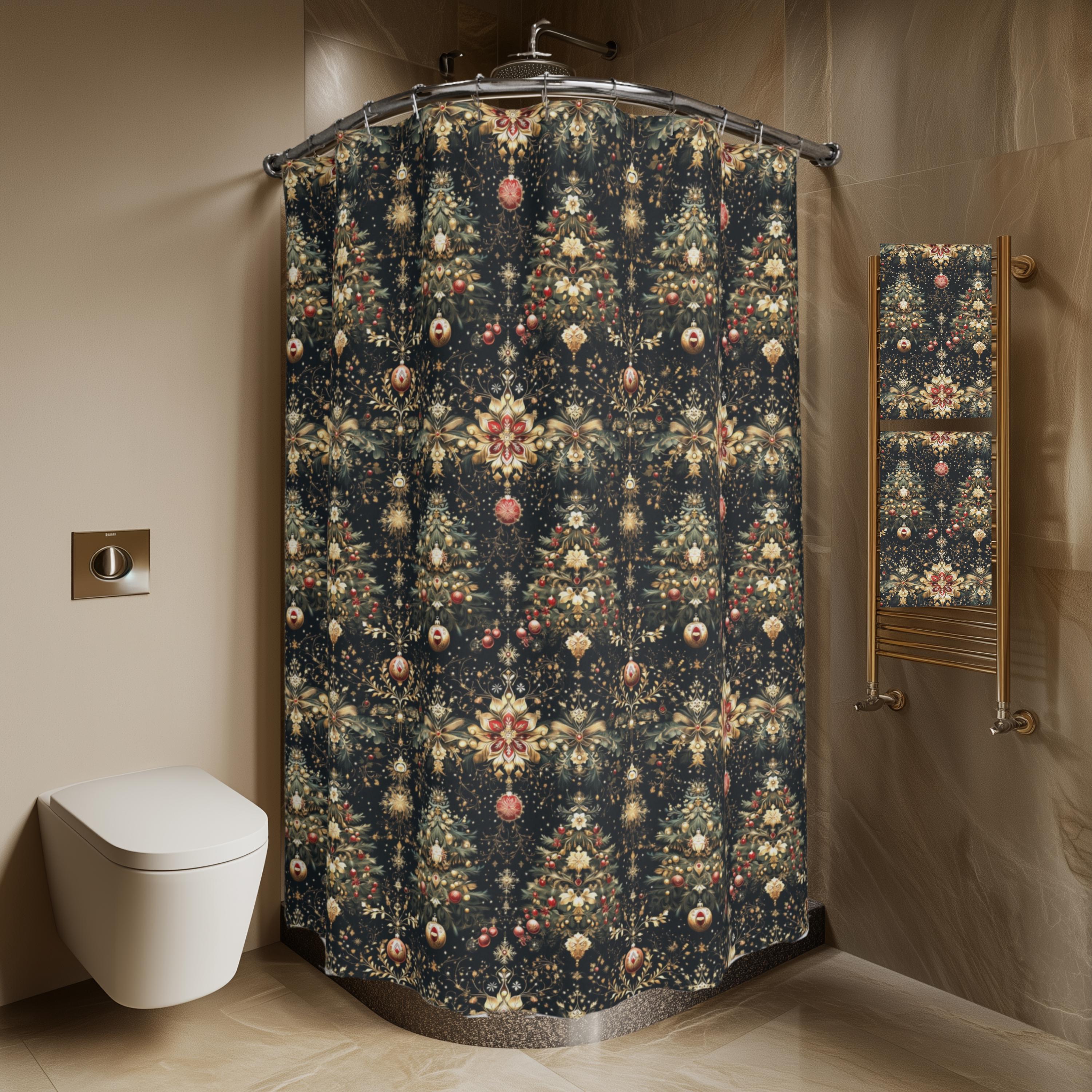 Luxe Christmas Tree Fabric Shower Curtain: Gold, Red & Green Holiday Decor