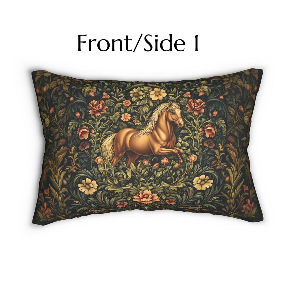 Horse Lumbar Pillow: William Morris Inspired  Golden Equestrian Botanical Floral
