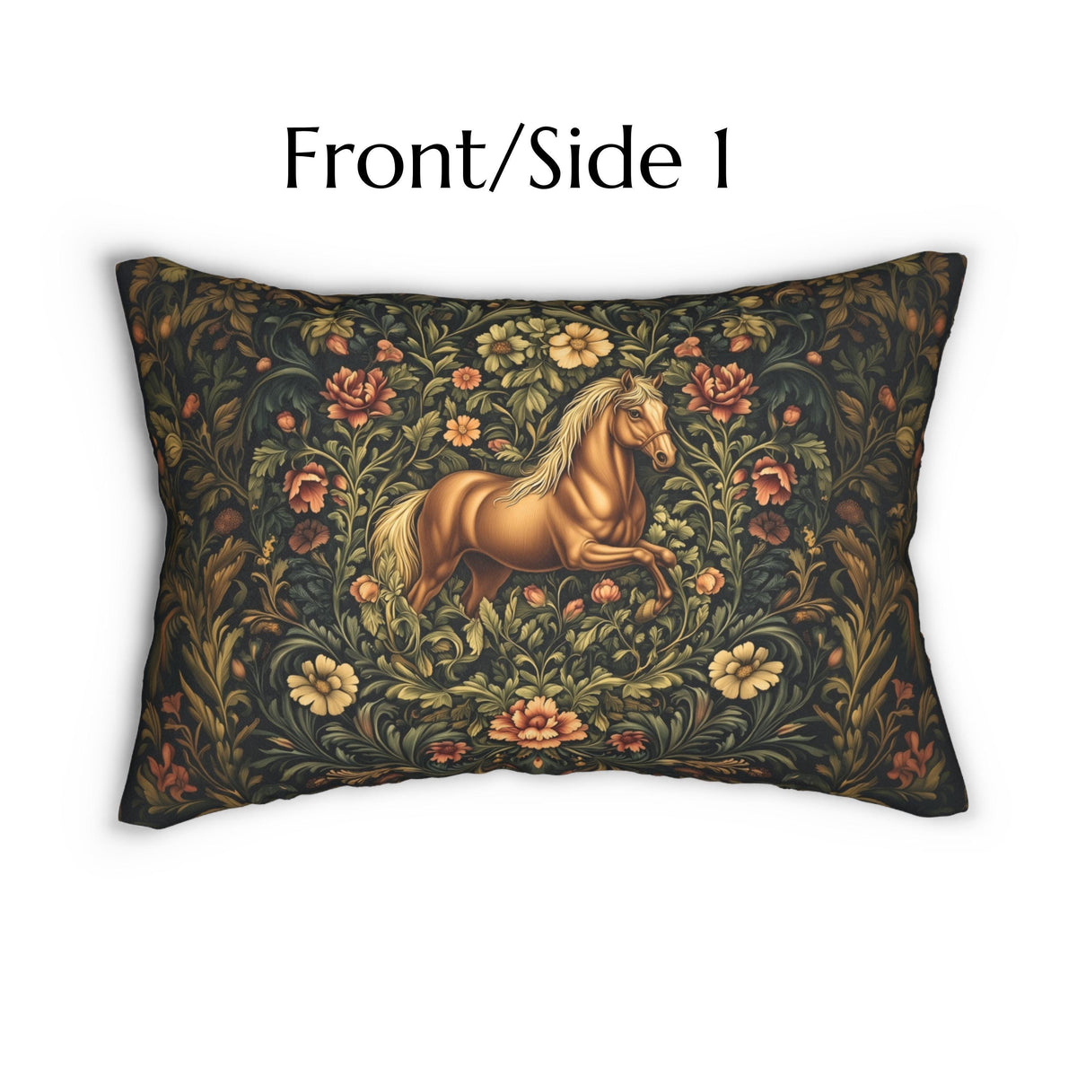 Horse Lumbar Pillow: William Morris Inspired  Golden Equestrian Botanical Floral