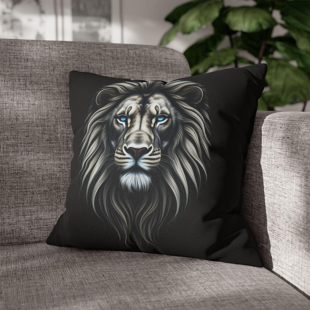 Midnight Mane Lion Pillow Cover: Ice-Blue Gaze Edition