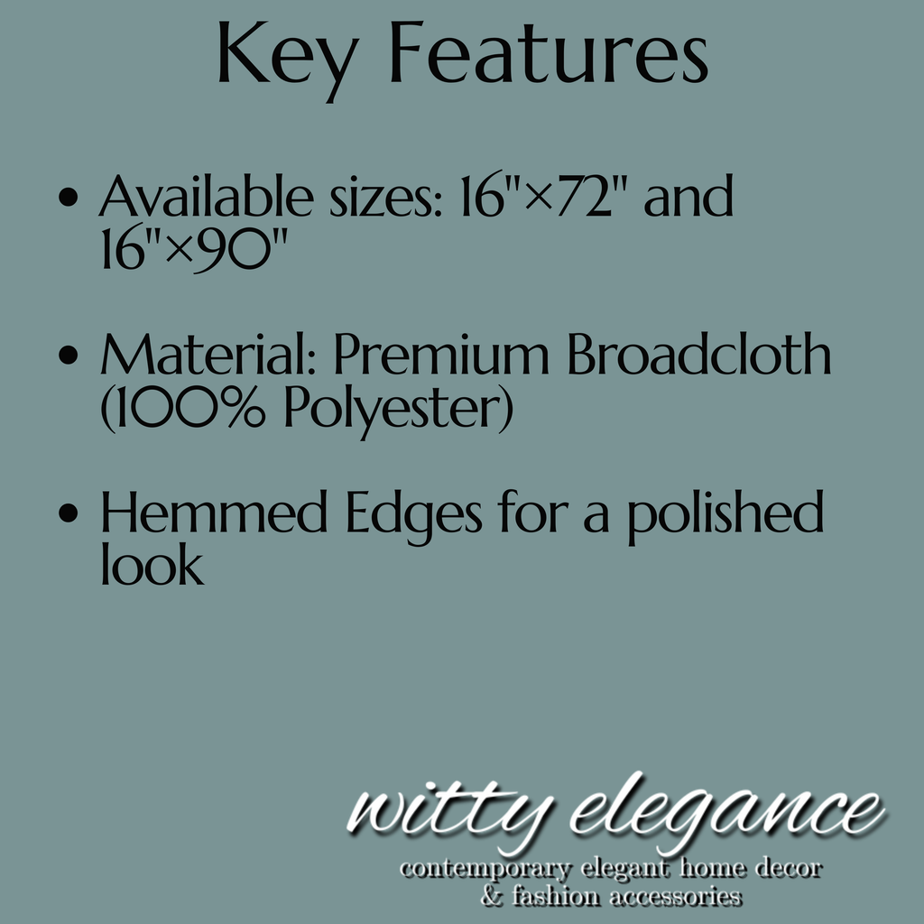 The image is a collection of text and bullet points that describe the key features of a product, such as the available sizes, material, and hemmed edges for a polished look. The text is presented in a clear and organized manner, without redundancy or vague descriptions.