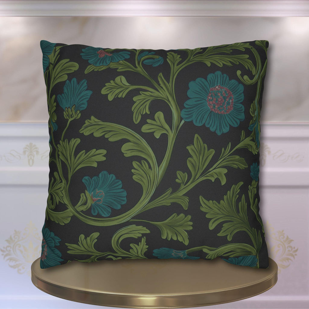 William Morris Pillow Cover: Lodden  Inspired  Charcoal with Olive & Teal Botanicals