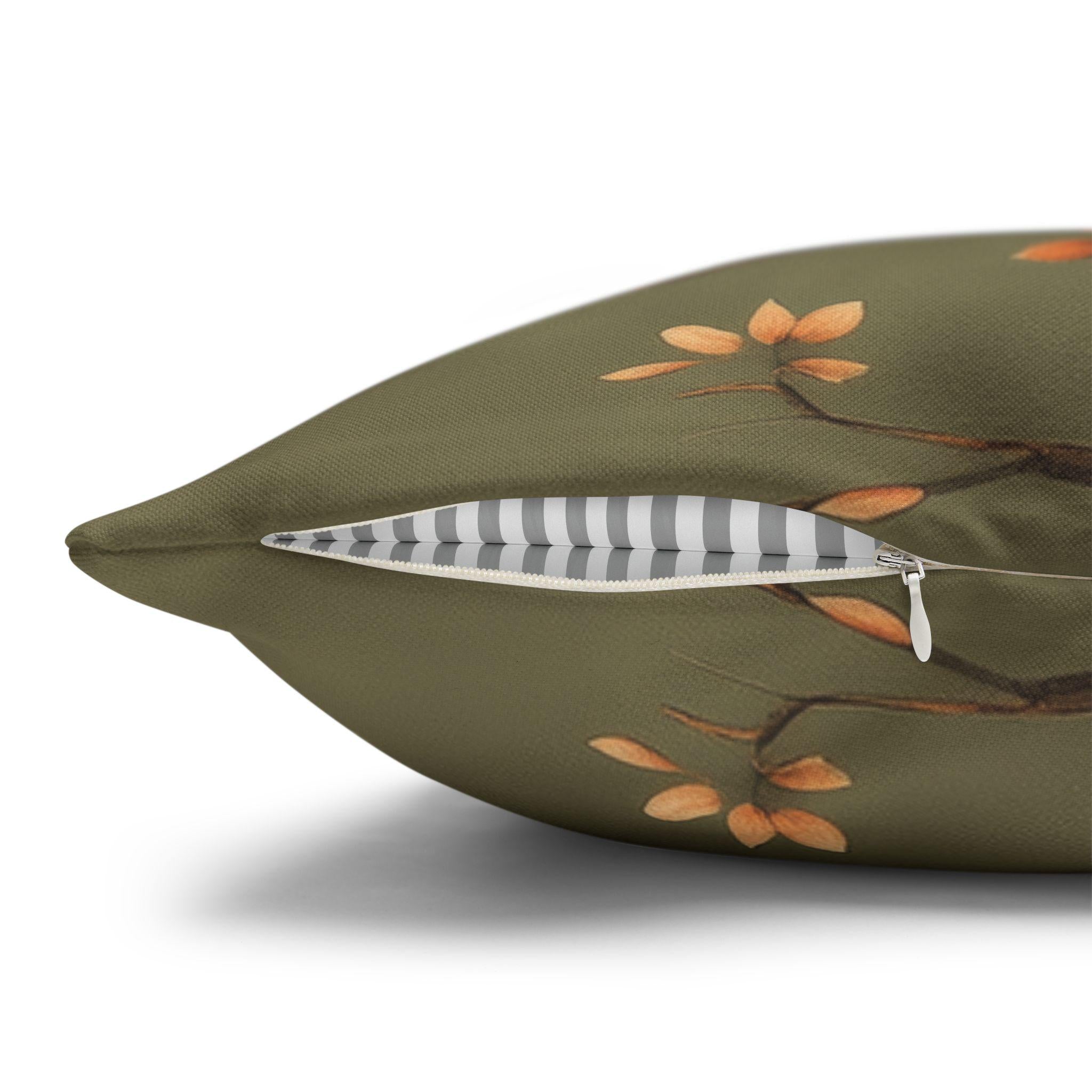 Chinoiserie Bird Pillow Cover: Peach & Brown Floral, Olive Green Accent
