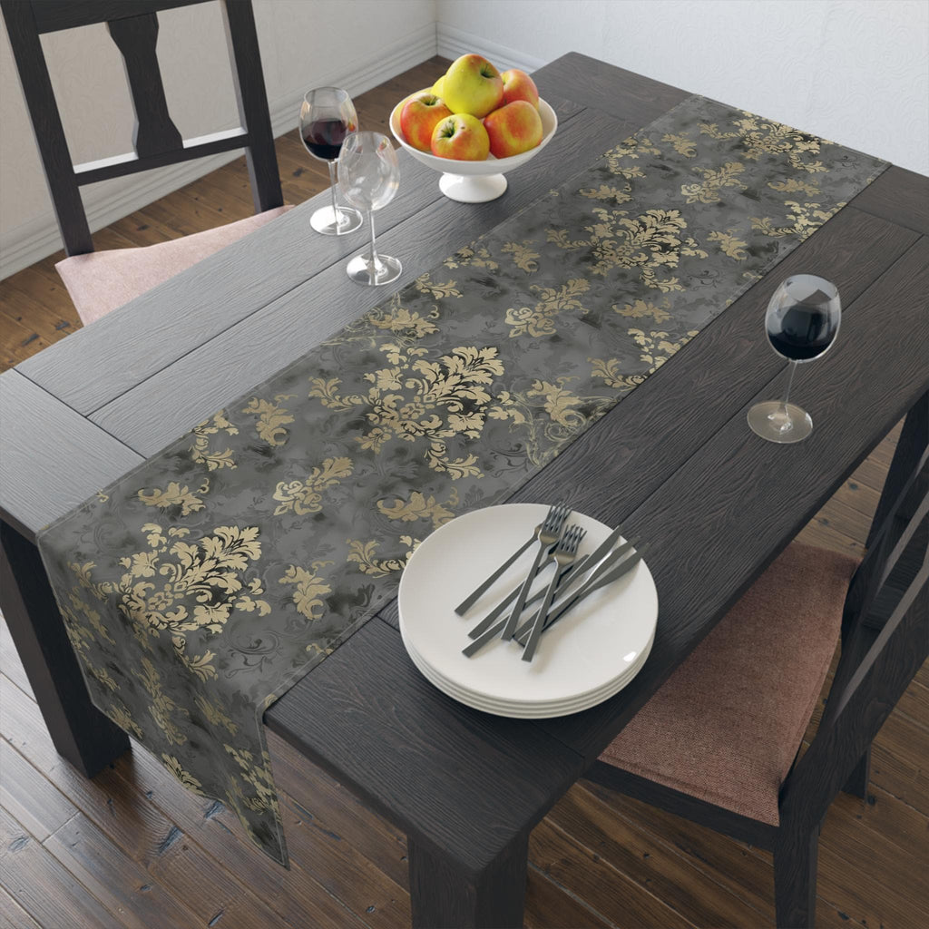 Elegant Damask Table Runner: Muted Gold Floral on Grey for Sophisticated Dining Room Decor