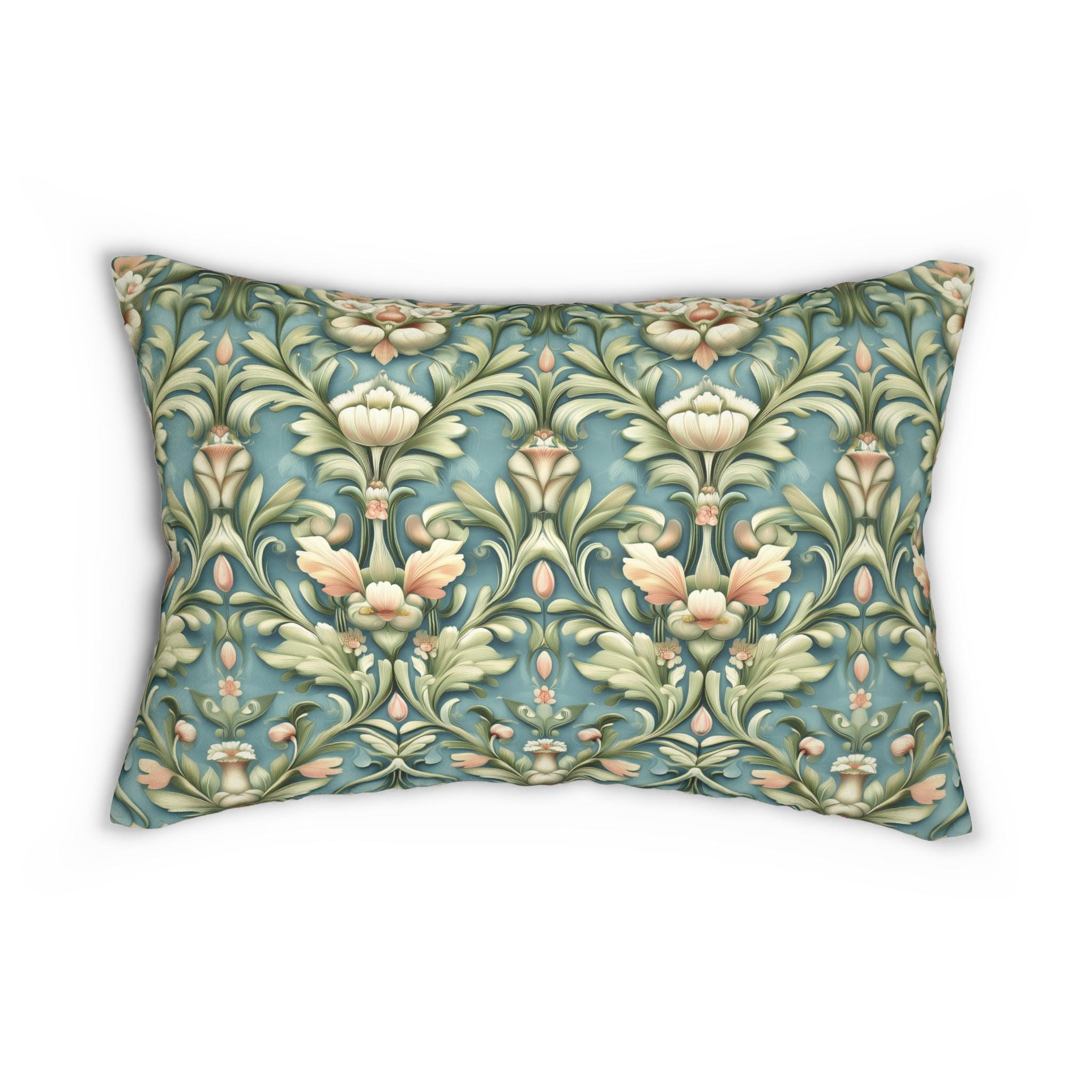 William Morris Lumbar Pillow: Teal Botanical Floral Cushion