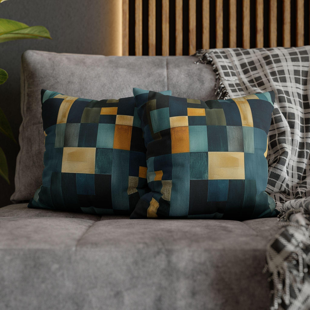 Geometric Abstract Square Pillowcase, Blue and Earth Colors, Modern Rustic Decor