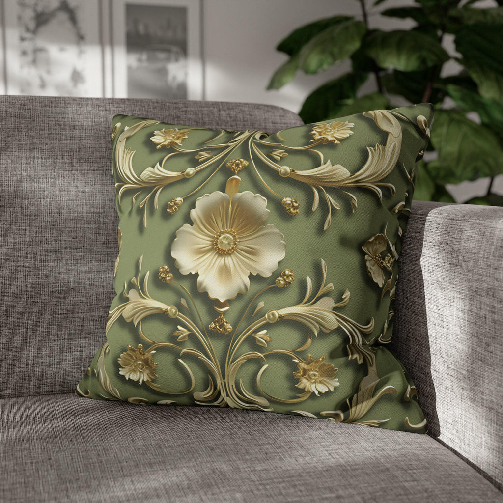 French Baroque Floral Pillow Cover: Sage Green & Gold Vintage Cushion