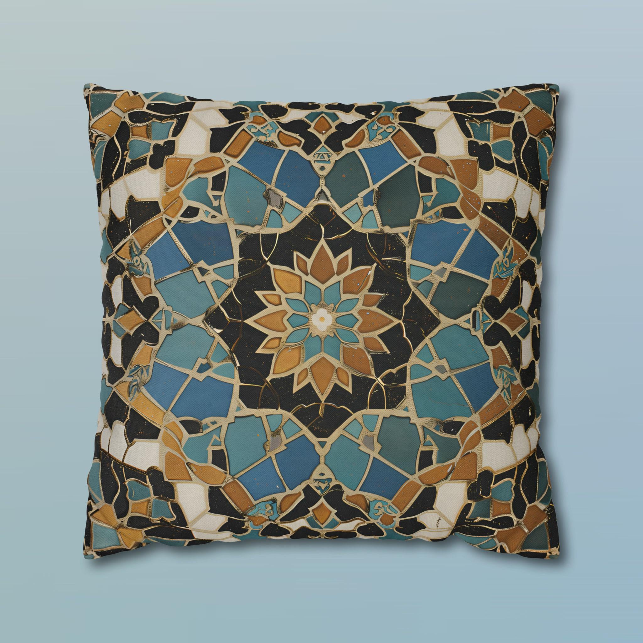 Luxurious Moroccan Tilework Inspired Pillow Cover: Teal, Beige, Brown Geometric Cushion Case