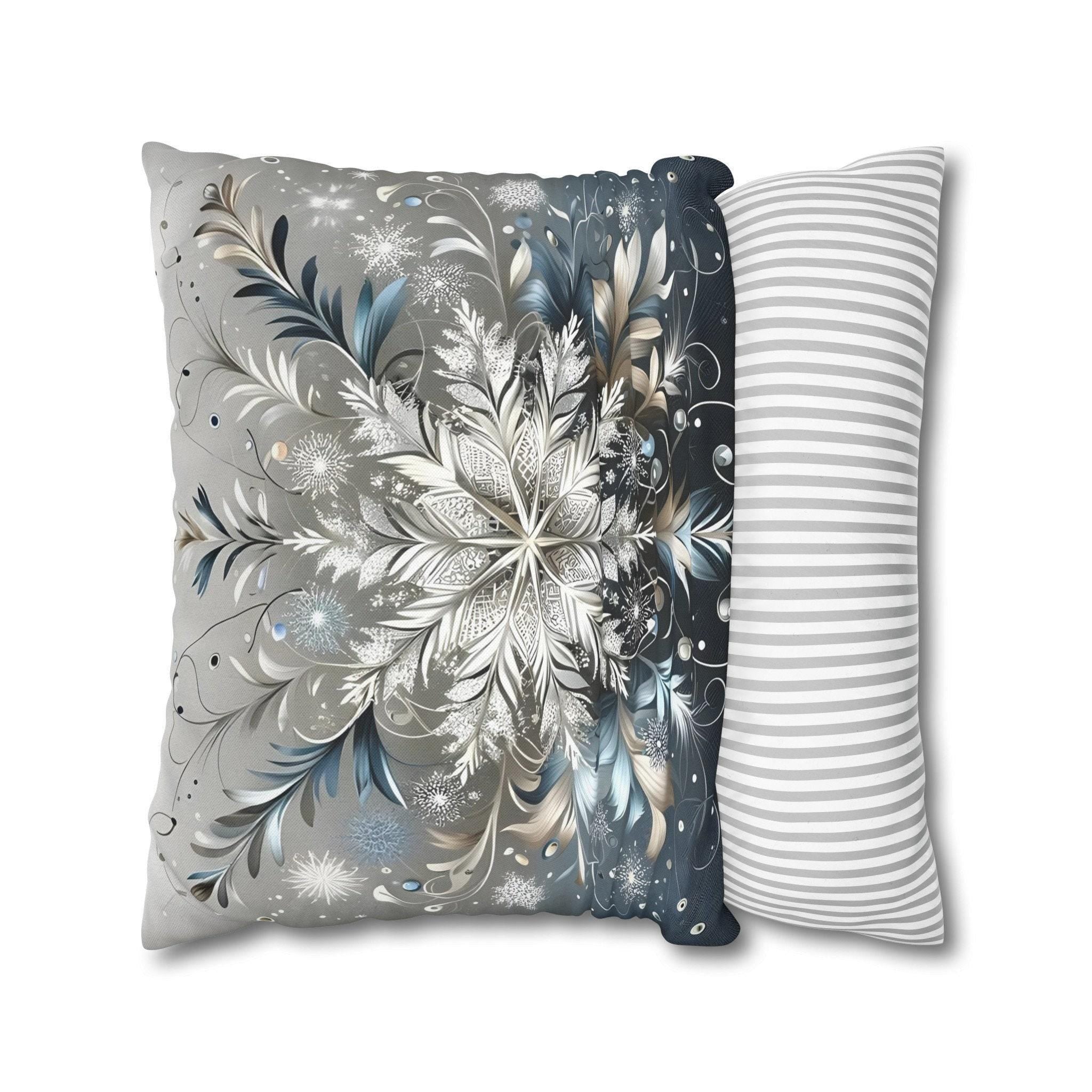 Elegant Snowflakes Throw Pillow Cover | Serene Silver & Blue Design | Sophisticated Holiday Charm