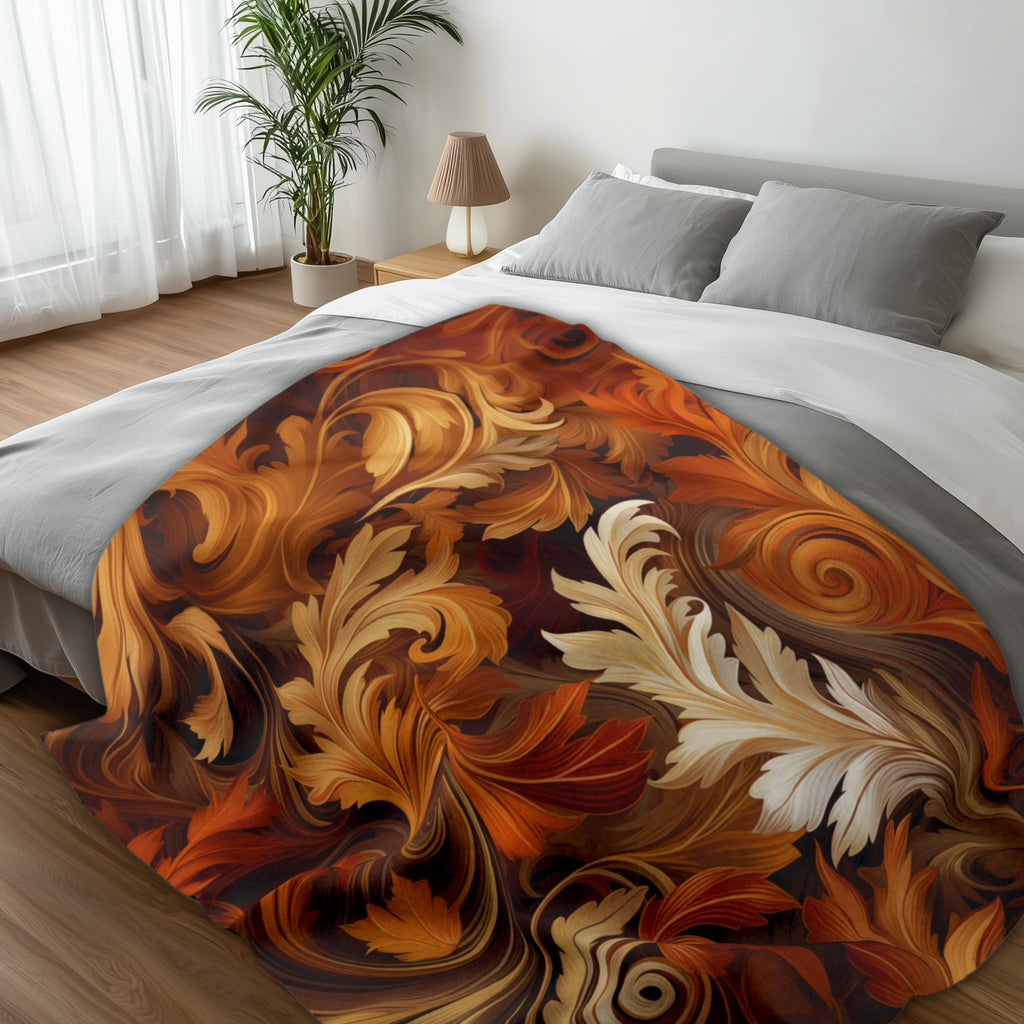 Autumnal Foliage Fleece Blanket: Ornate Swirling Leaves, Cozy Home Decor