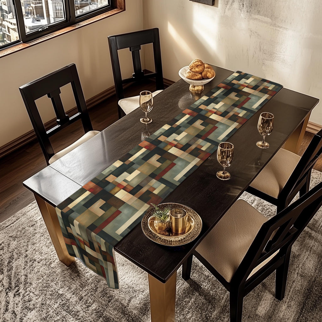 Geometric Abstract Table Runner: Earthy Muted Tones, Modern Rustic Decor, Hand-painted Effect