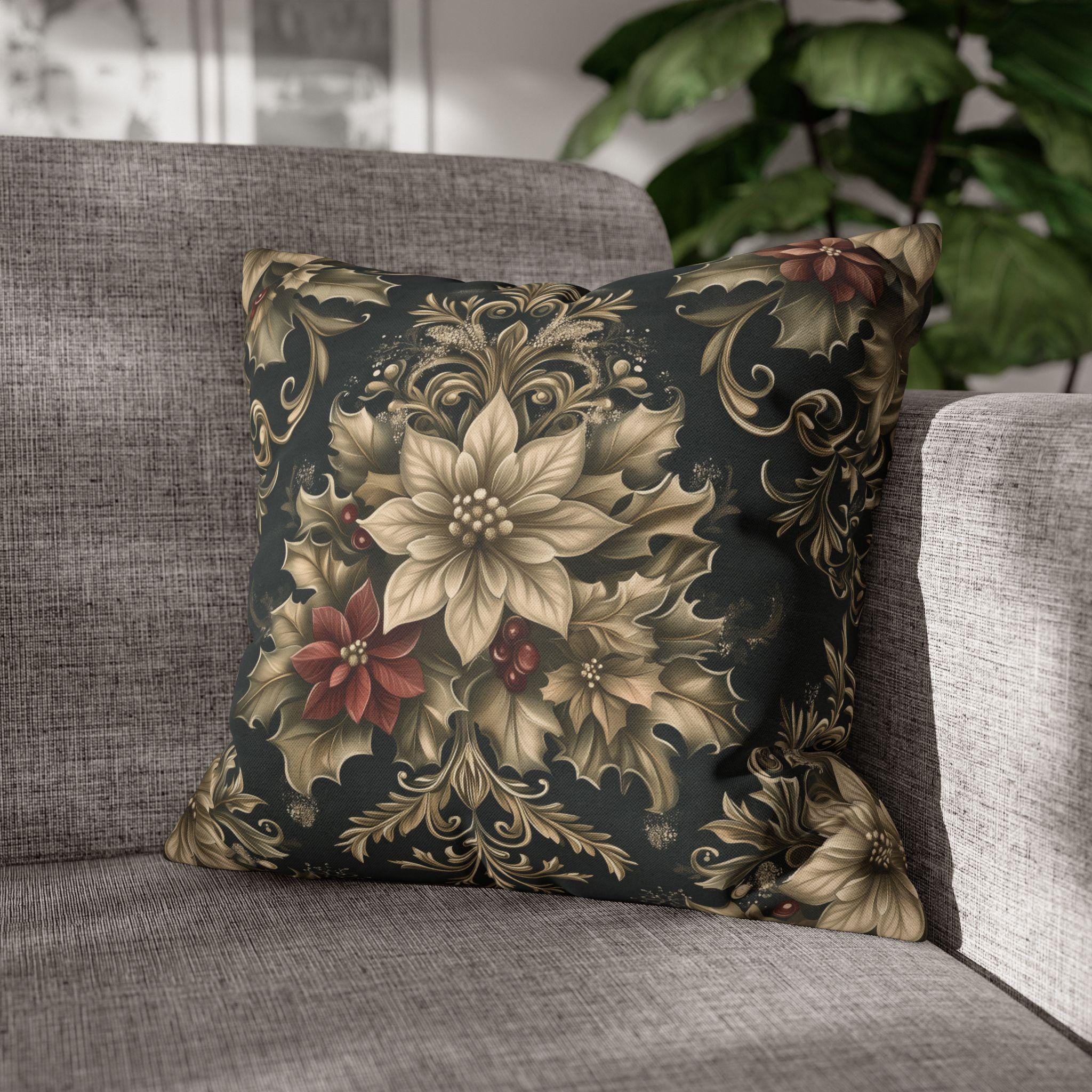 Vintage Style William Morris Christmas Pillow Cover: Poinsettia & Holly on Charcoal Cushion