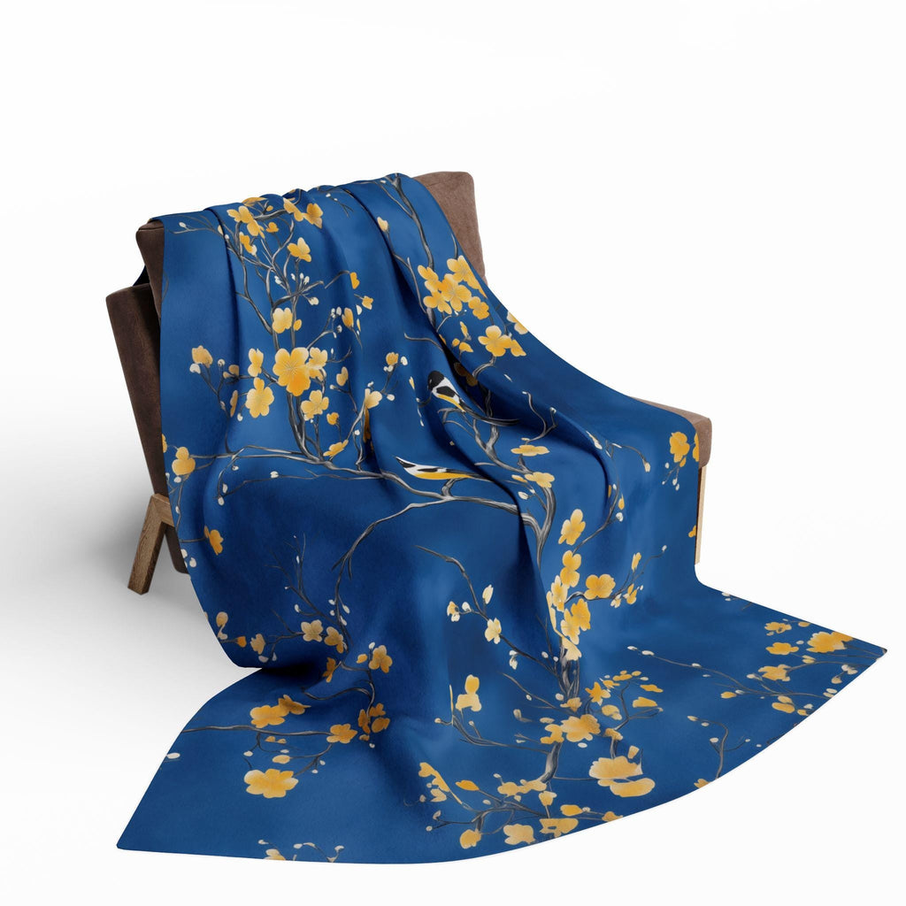 Royal Blue Chinoiserie Throw Blanket: Elegant, Asian-Inspired with Yellow Blossoms and Birds