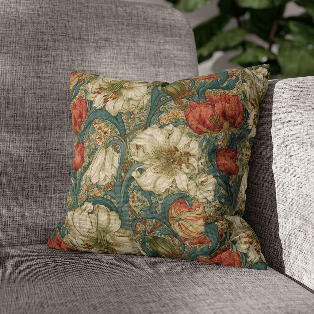 William Morris Style Pillow Cover: Ivory and Coral Lilies on a Celadon Background