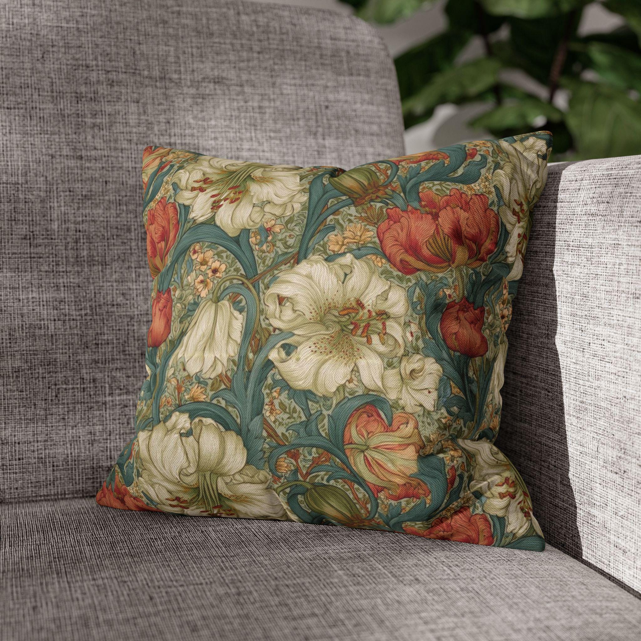 William Morris Style Pillow Cover: Ivory and Coral Lilies on a Celadon Background