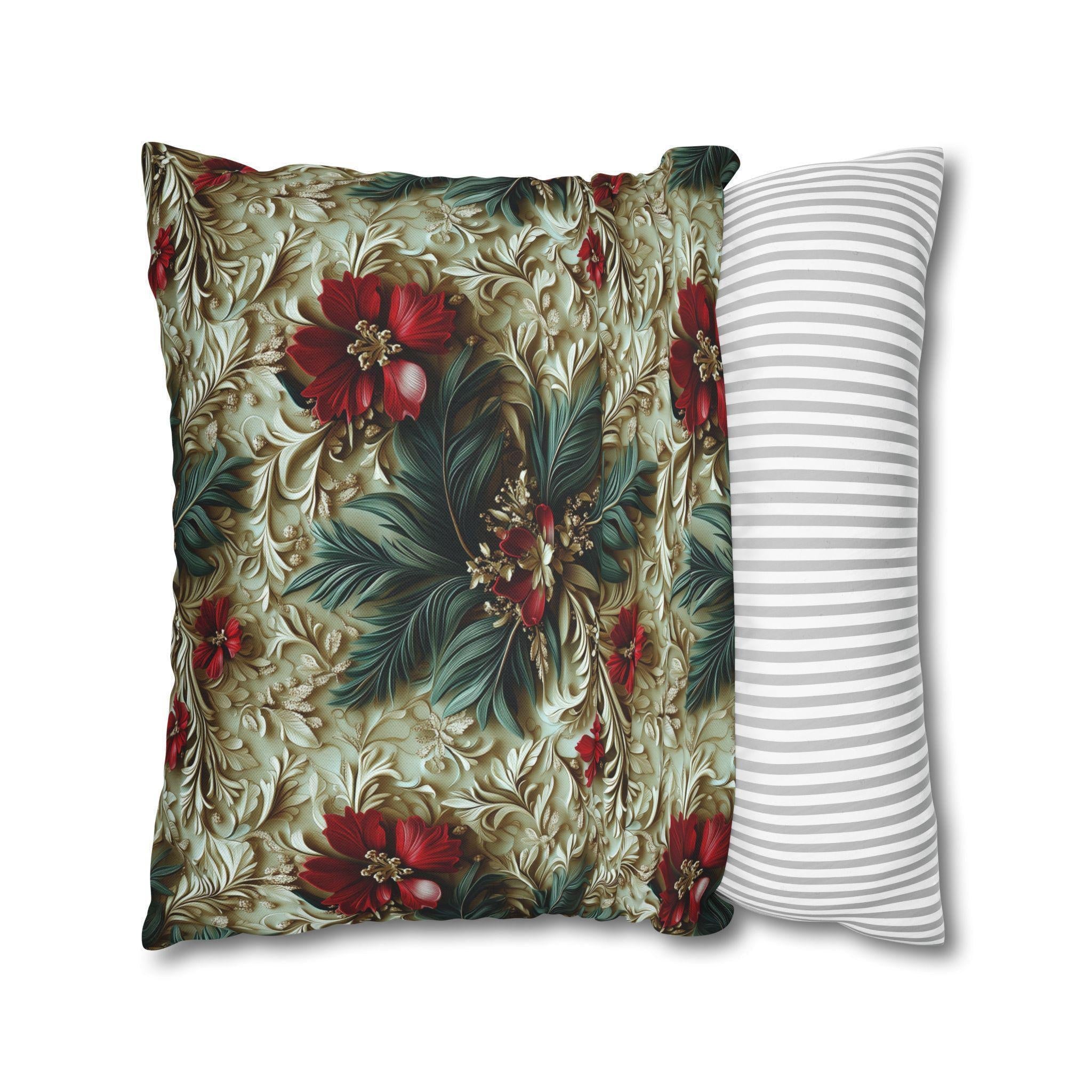 Elegant Christmas Poinsettia Pillowcase: Luxurious Floral Holiday Decor with Beige Background
