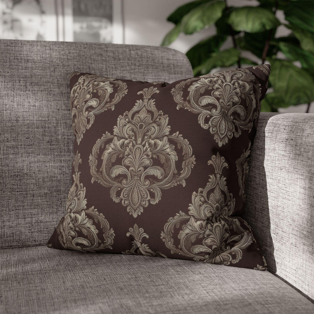 Elegant Damask Square Pillowcase: Taupe & Gray Motifs on Chocolate Brown, Sophisticated Home Decor