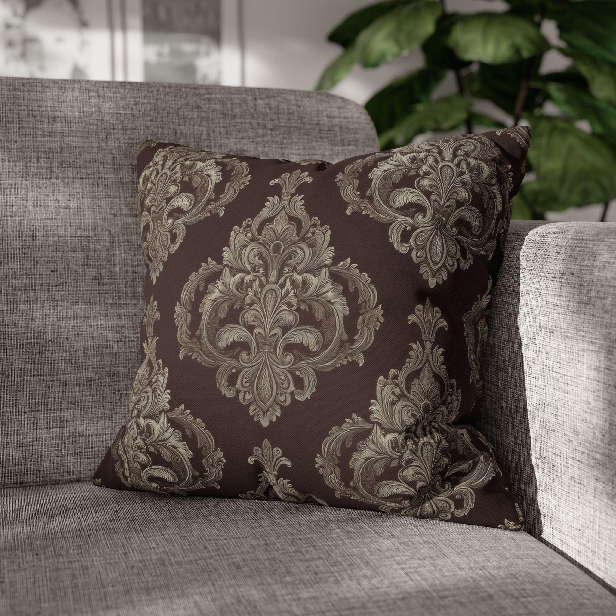 Elegant Damask Square Pillowcase: Taupe & Gray Motifs on Chocolate Brown, Sophisticated Home Decor