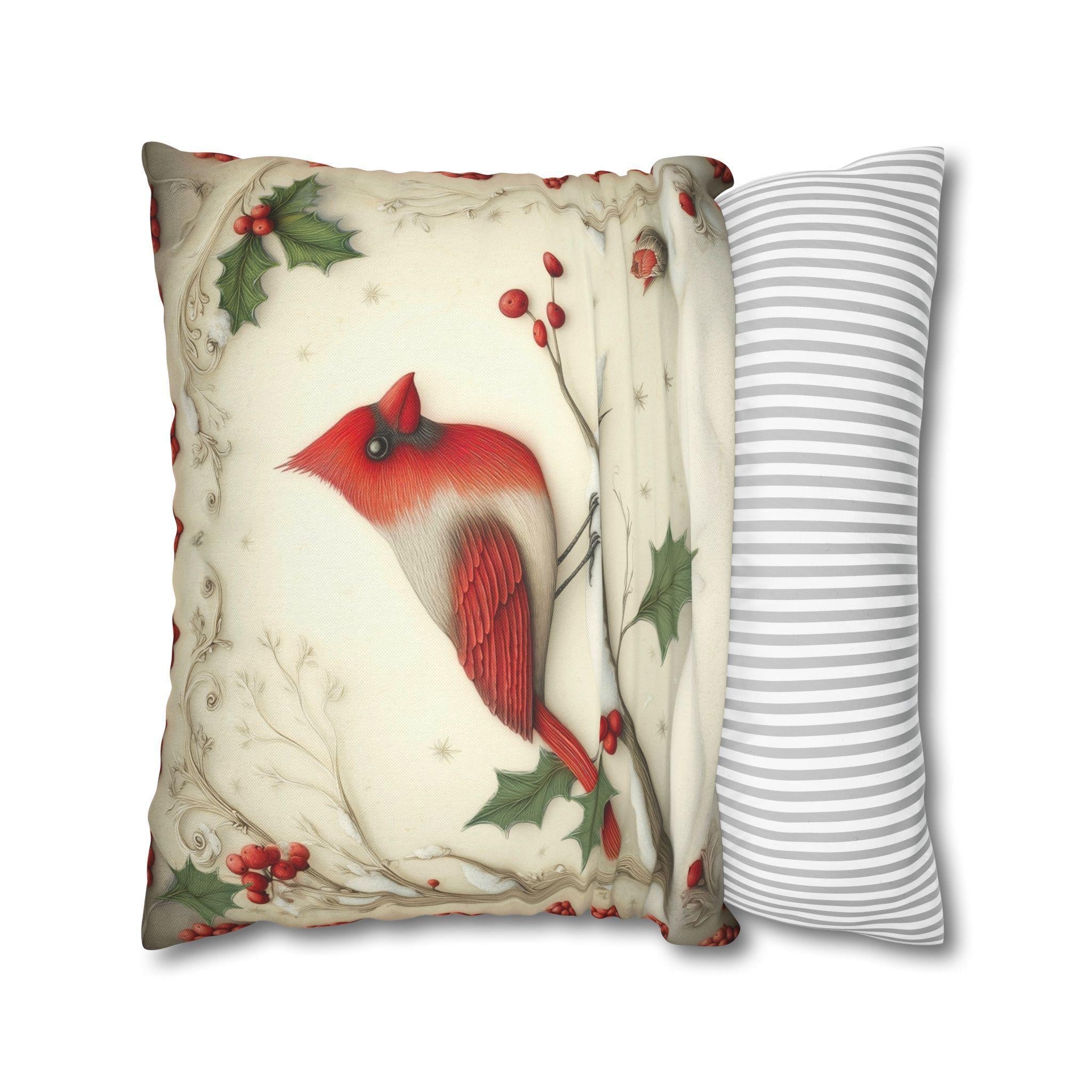 Cardinal in Winter Pillow Cover: Vintage Style Holiday Bird & Snowy Branches Accent