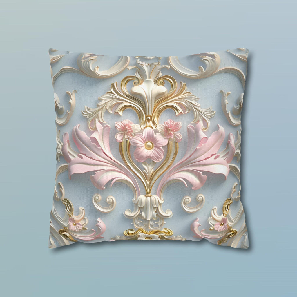 Rococo Pillow Cover: Pink Acanthus, Gold Motif, Blue-Grey Cushion