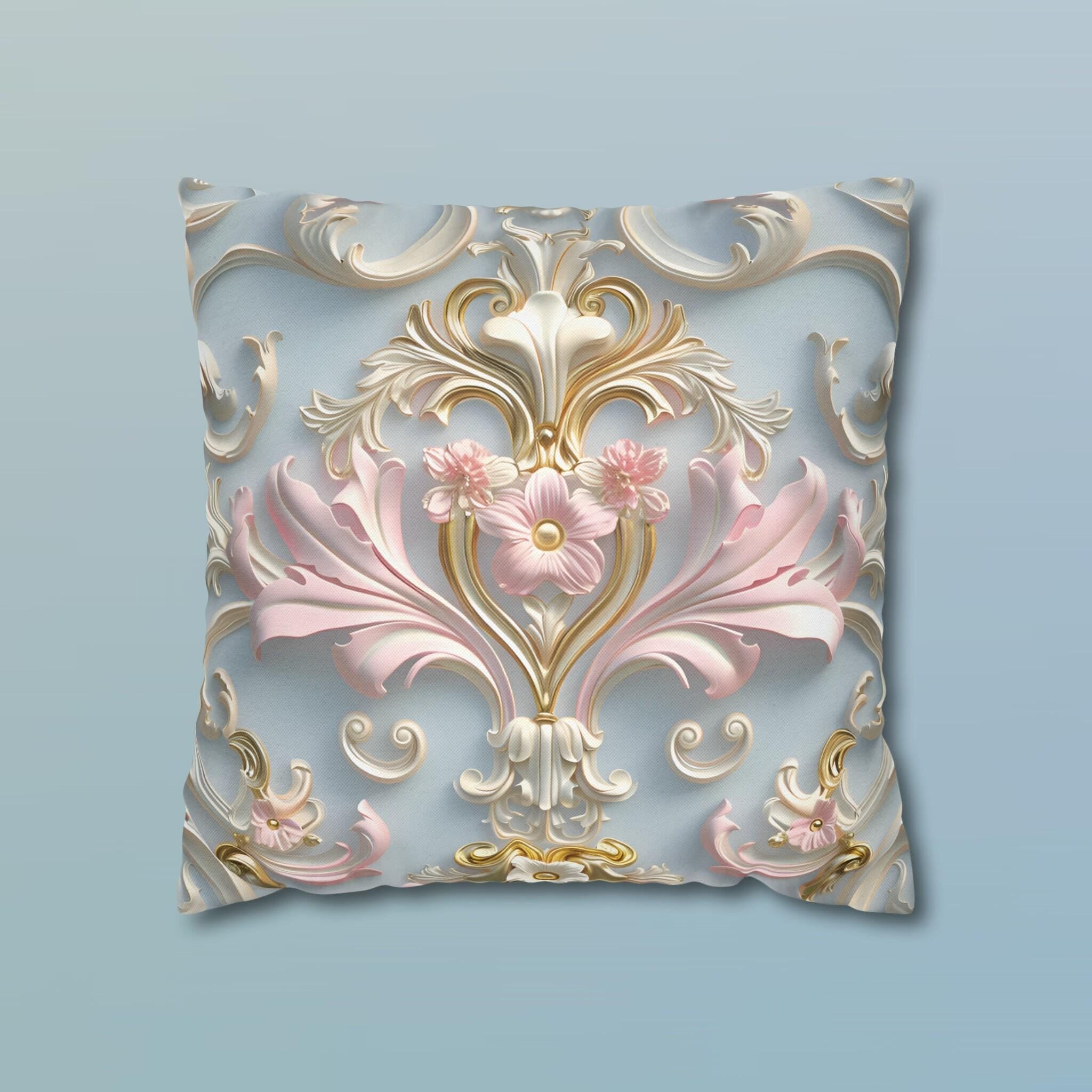 Rococo Pillow Cover: Pink Acanthus, Gold Motif, Blue-Grey Cushion