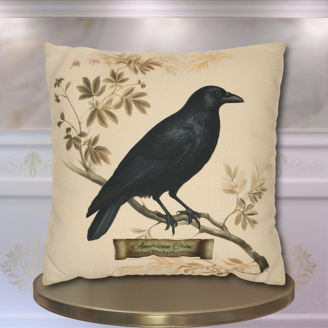 Halloween Crow Pillow Cover: Vintage Style Scientific Bird Illustration