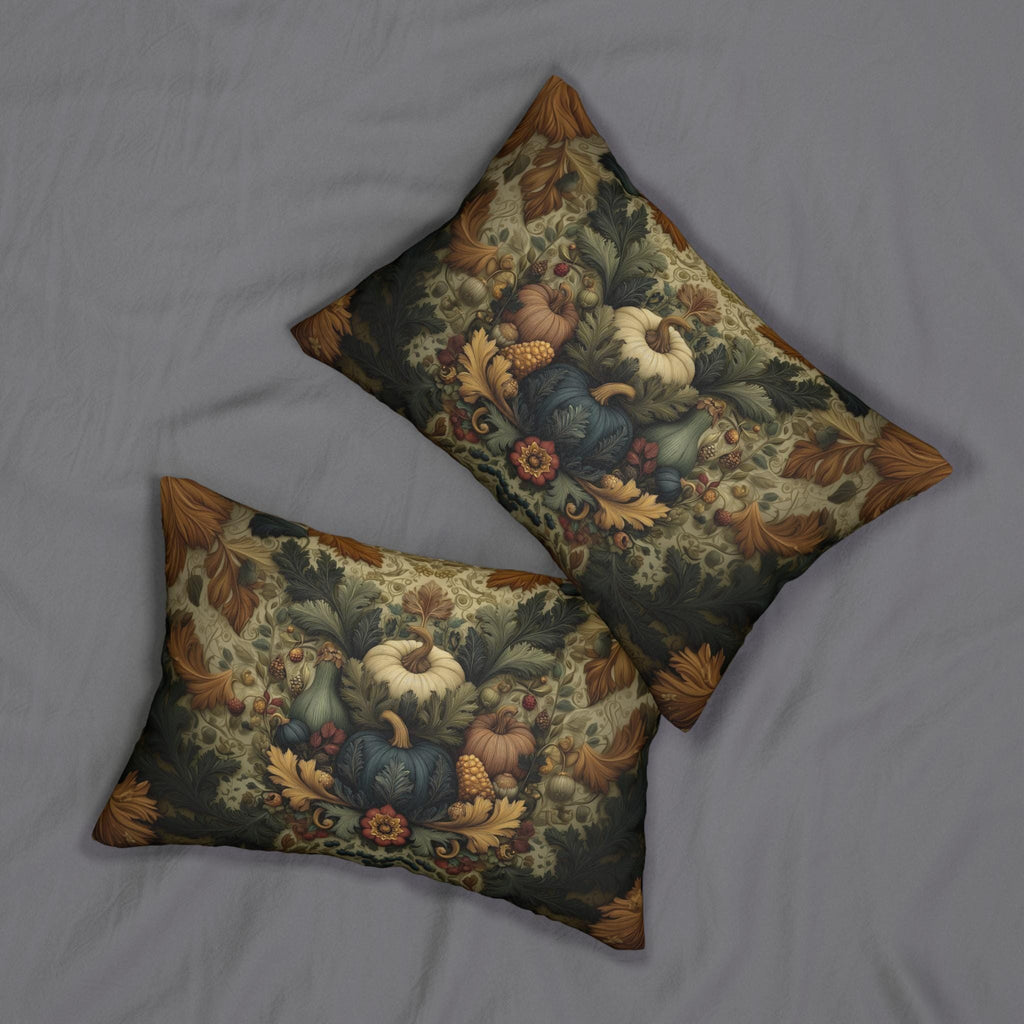 William Morris Inspired Autumn Harvest Tapestry Lumbar Pillow: Deep Teal with Ivory Blue & Gold