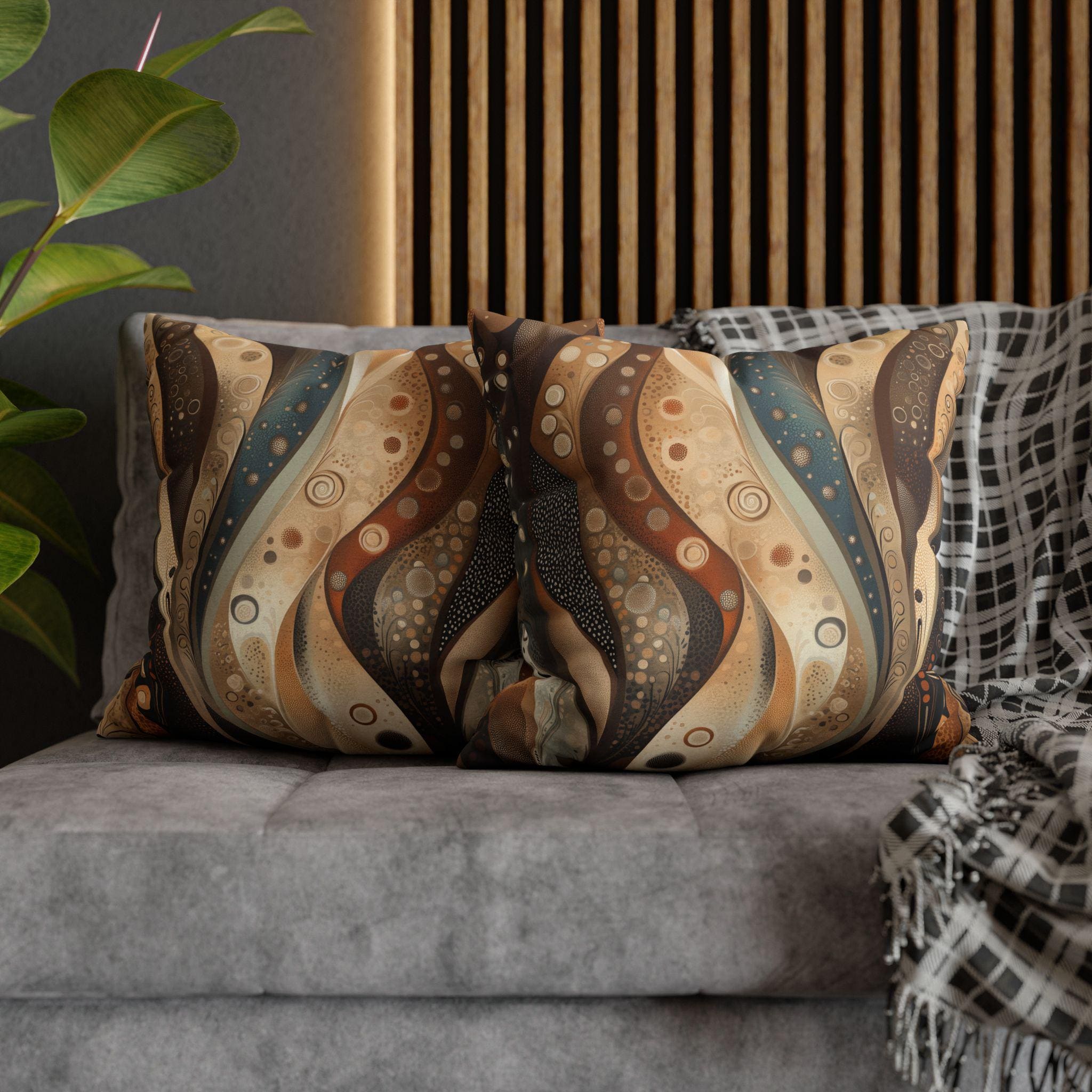 Abstract Wave Design Pillowcase, Brown Beige Cream Caramel Teal,  Home Decor Accent, Sofa Pillow