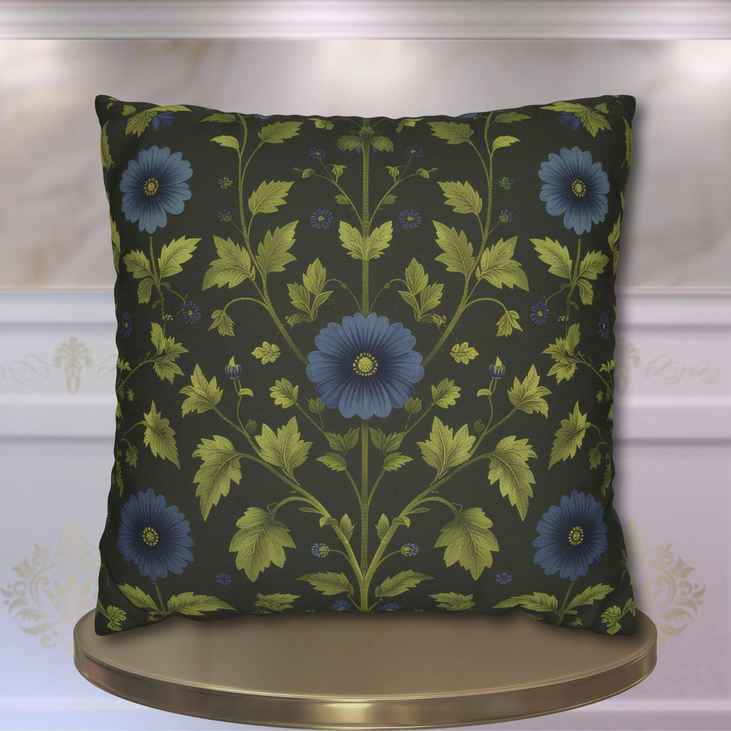 Botanical Pillow Cover: William Morris Inspired Green Cushion with Double-Sided Blue Floral Pattern