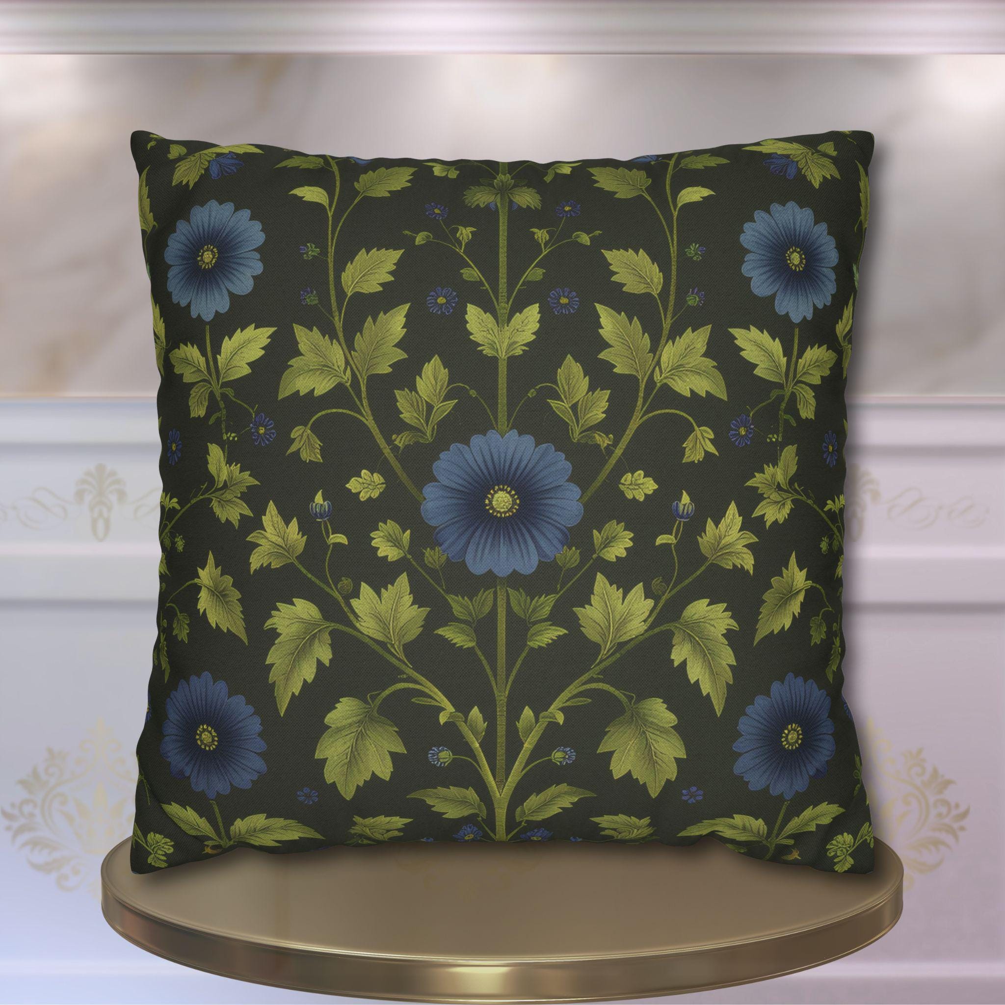 Botanical Pillow Cover: William Morris Inspired Green Cushion with Double-Sided Blue Floral Pattern