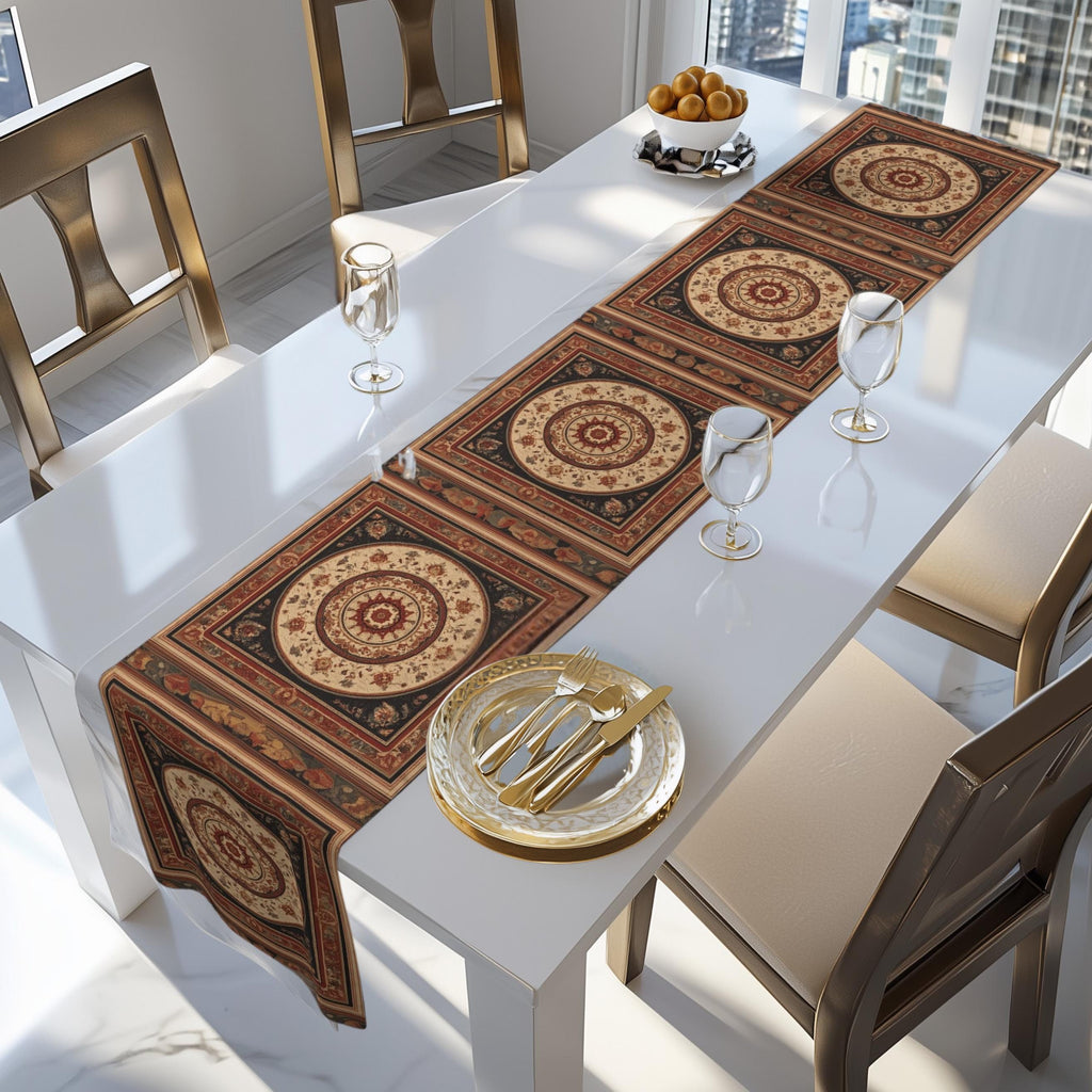 Persian Table Runner: Inspired by Antique Medallion Rug Design in Warm Rust and Cream