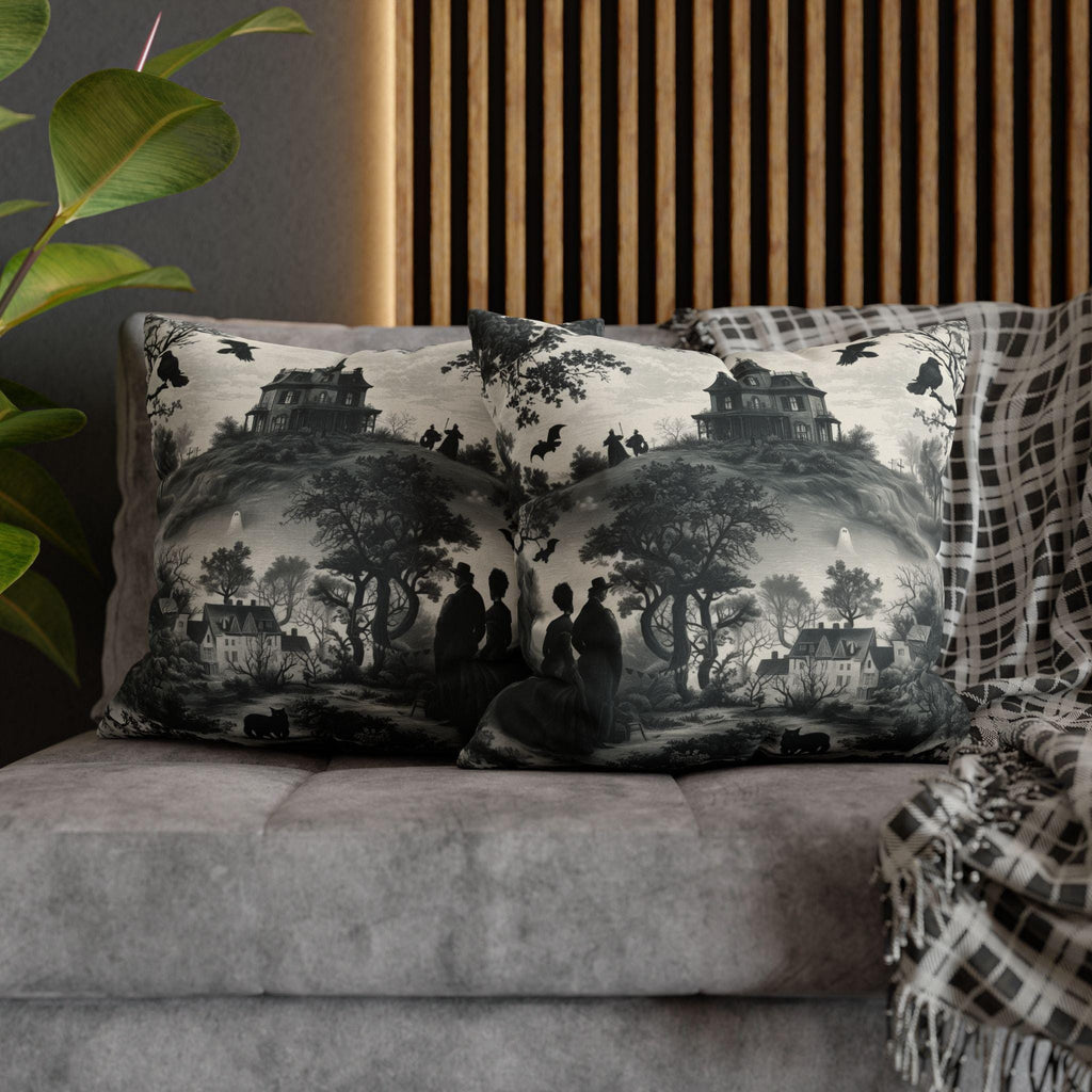 Halloween Toile Pillow Cover: Haunted House, Crows and Black Cat in Monochrome